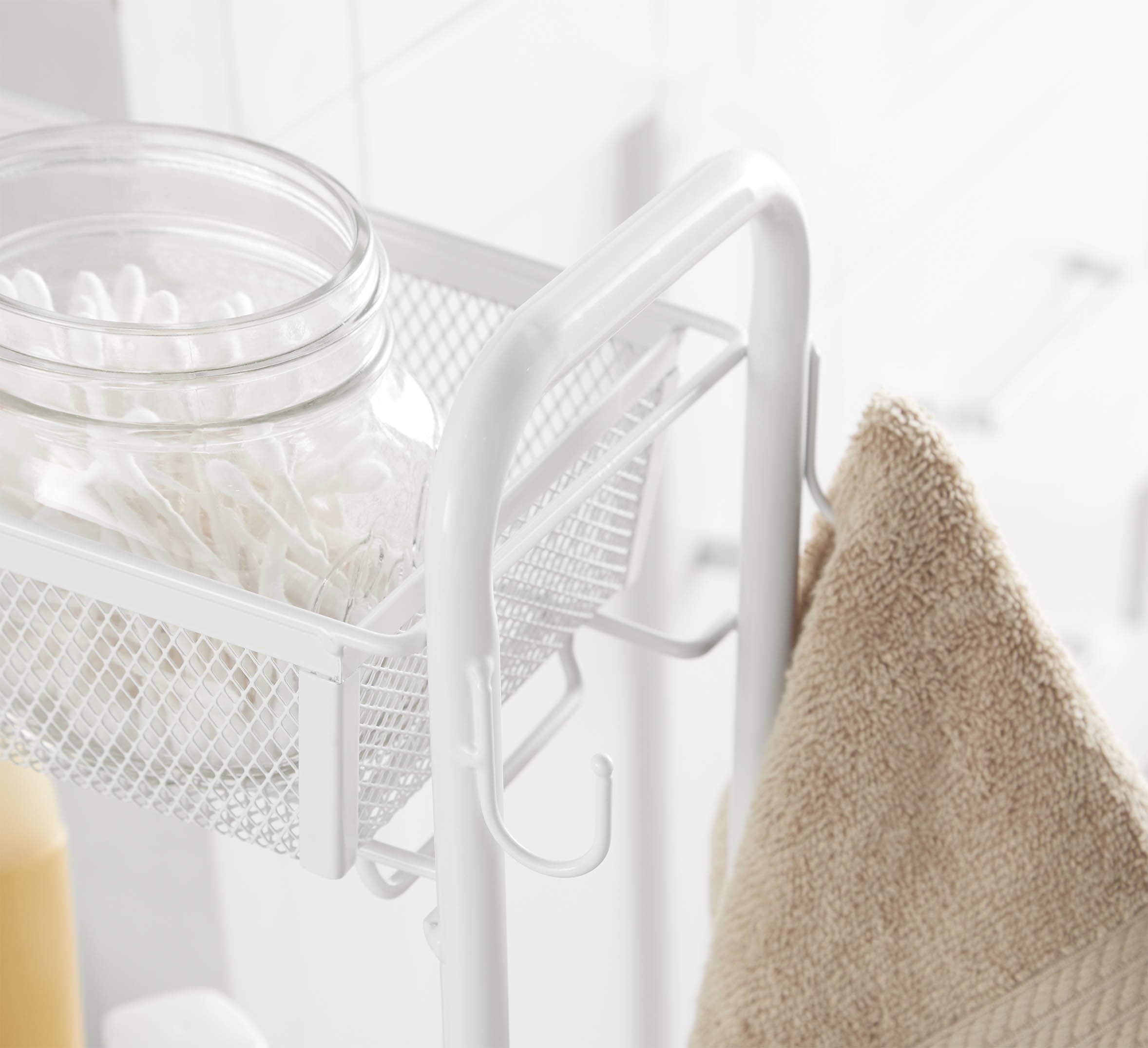 Mainstays 3-Tier Slim Rolling Bathroom Storage Cart with Hooks, White