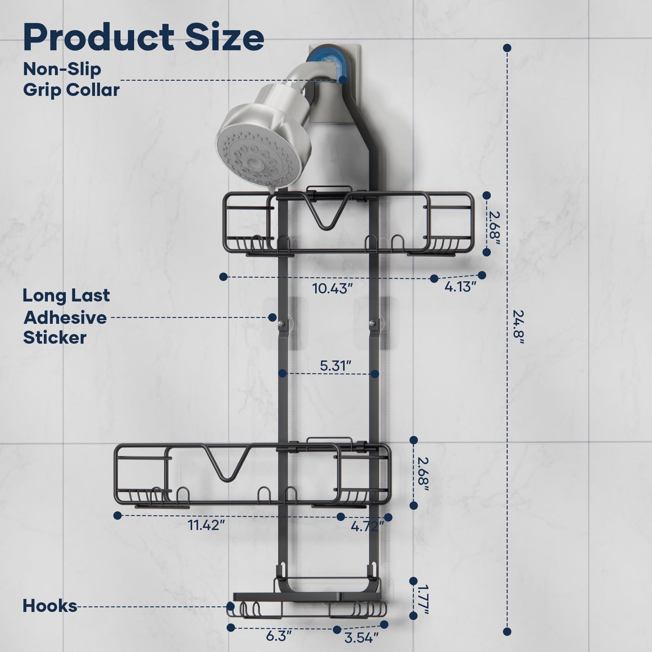 Topritt Shower Caddy Hanging Bathroom Organizer, Adjustable Shower Racks Over Shower Head, Rustproof, No-Drill Organizer, Large Storage Shelf for Shampoo Bottles with Soap Holder, Black