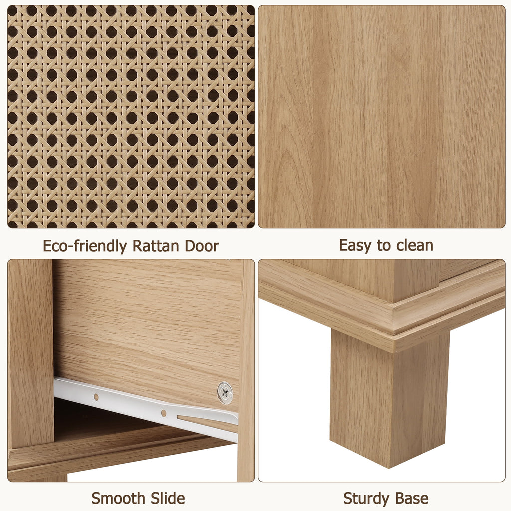 Homfa Bathroom Cabinet with Rattan Doors, Rattan Linen Storage Cabinet with 2 Drawers, Oak