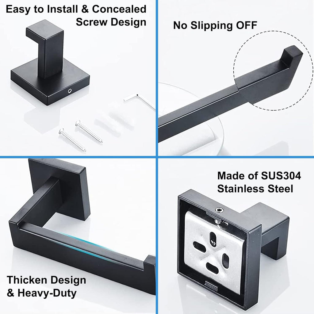 stusgo Matte Black 5-Piece Square Bathroom Hardware Set,40cm Towel Bar,Toilet Paper Holder,Towel Ring,and 2 Towel Hooks,SUS 304 Stainless Steel Bathroom Accessories,Wall Mounted Towel Rack Kit（Black）