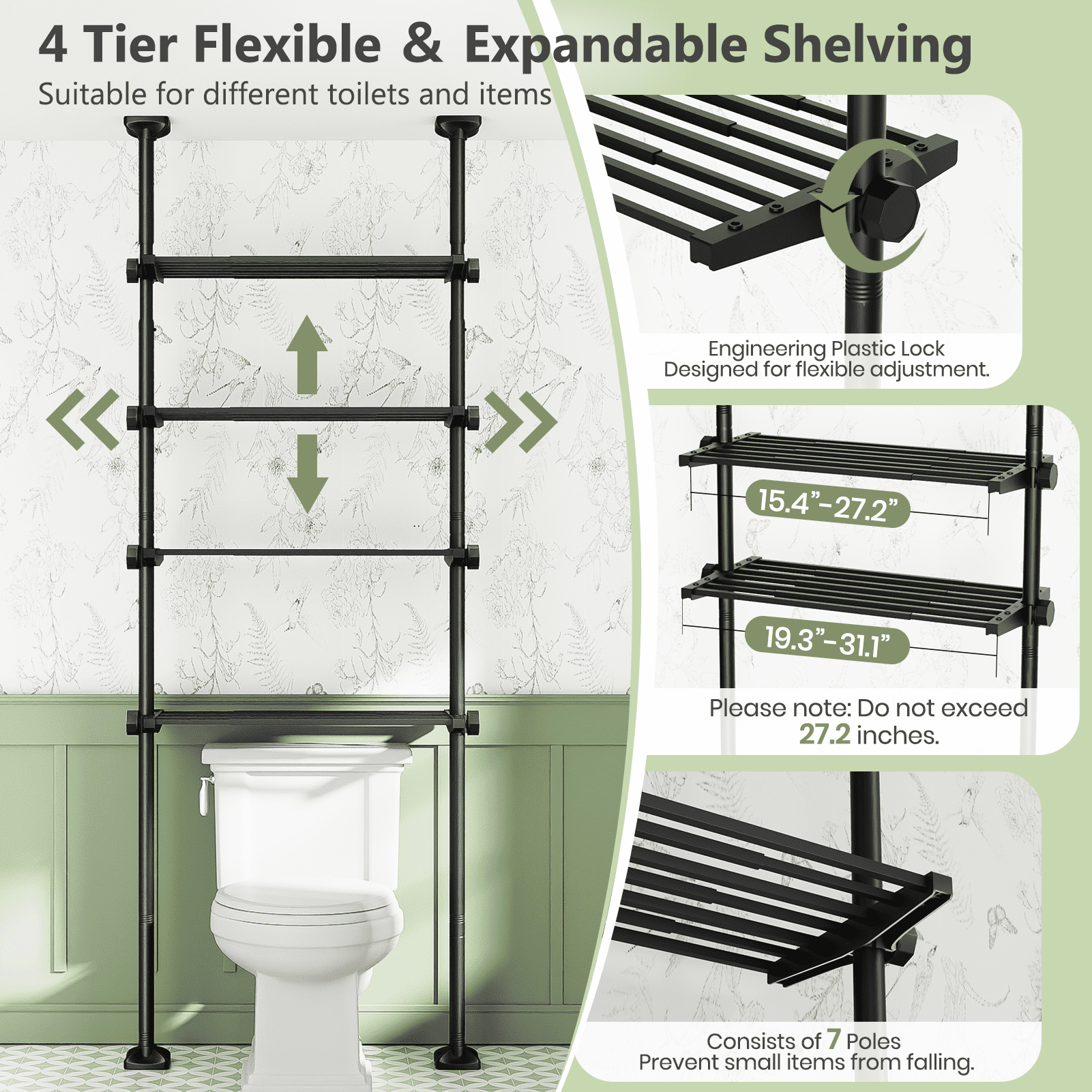 Yeabett 4-Tier over the Toilet Storage Shelf,bathroom Organizer Adjustable Saver Space Rack,no Drill Tension Mounted Shelves,Bathroom Cabinet Rack Above Toilet for Small Rooms,Black