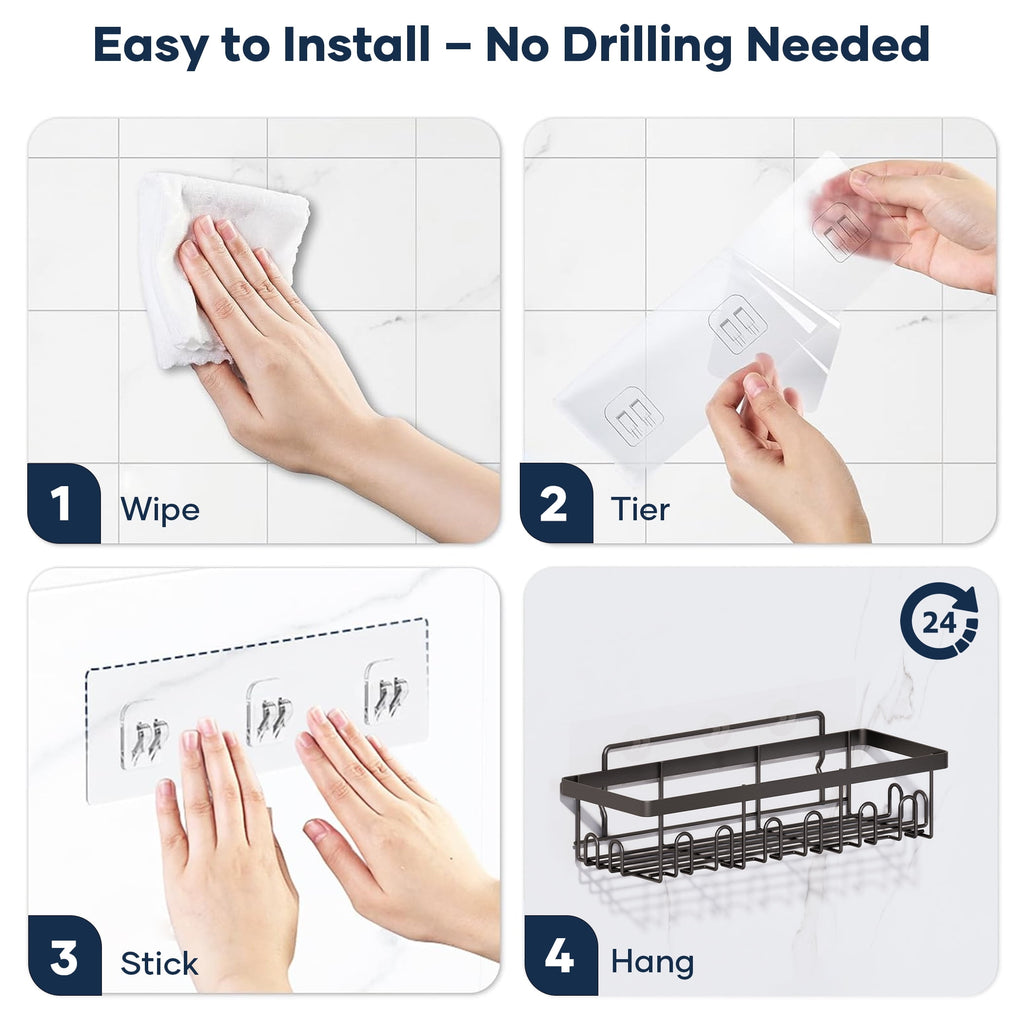 Topritt Shower Caddy 6 Pack, Adhesive Shower Organizer with Soap Holder, Large Capacity, No-Drill Wall Mounted Bathroom Organizer Basket for Bathroom & Kitchen Storage, Black