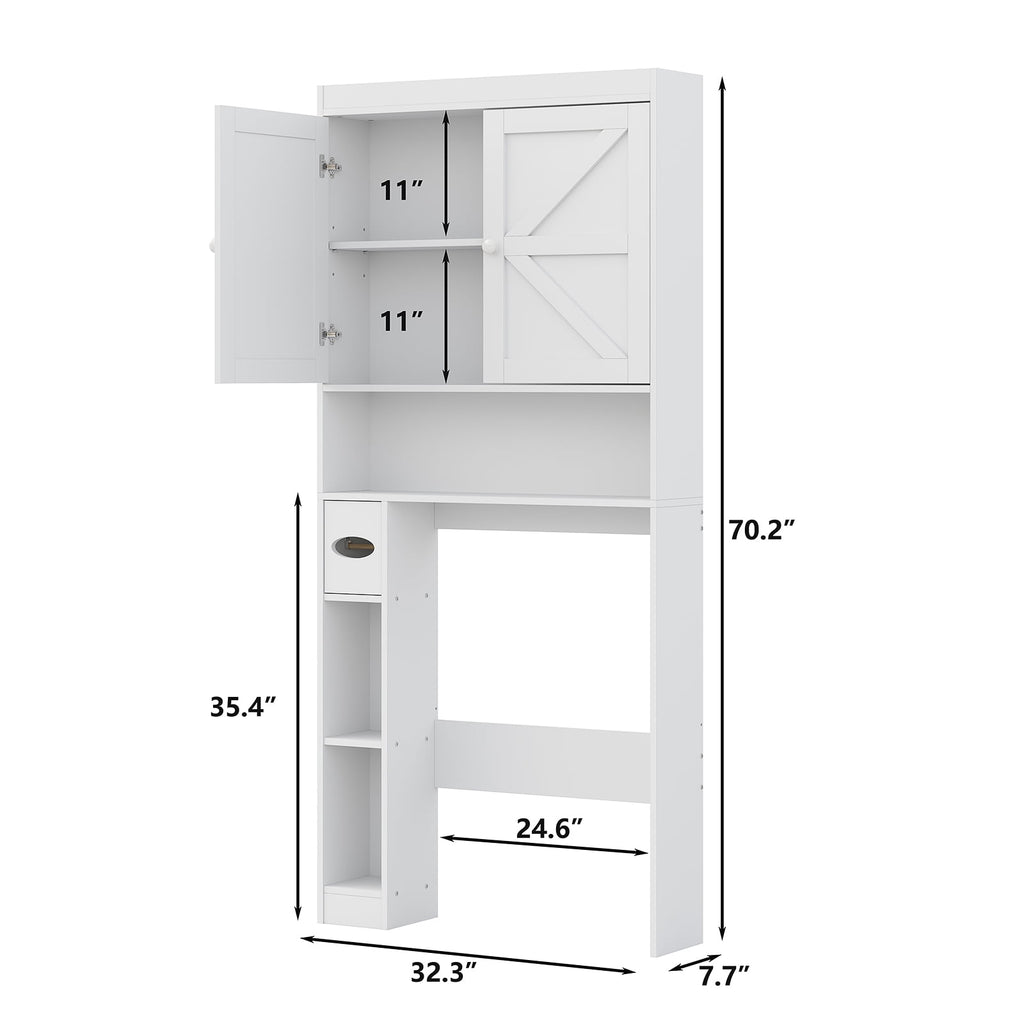 Furnihold Over The Toilet Storage Cabinet with Barn Doors, 32.3''W Farmhouse Bathroom Over Toilet Shelf Space Saver with Toilet Paper Holder, White