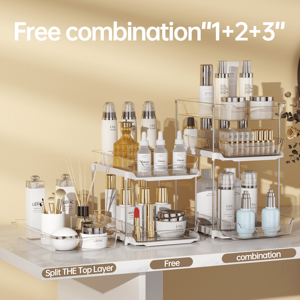 Delamu 2-Pack 3-Tier Pull-Out Under Sink Organizer, Stackable Sliding Storage Shelves for Bathroom Kitchen Pantry (White)