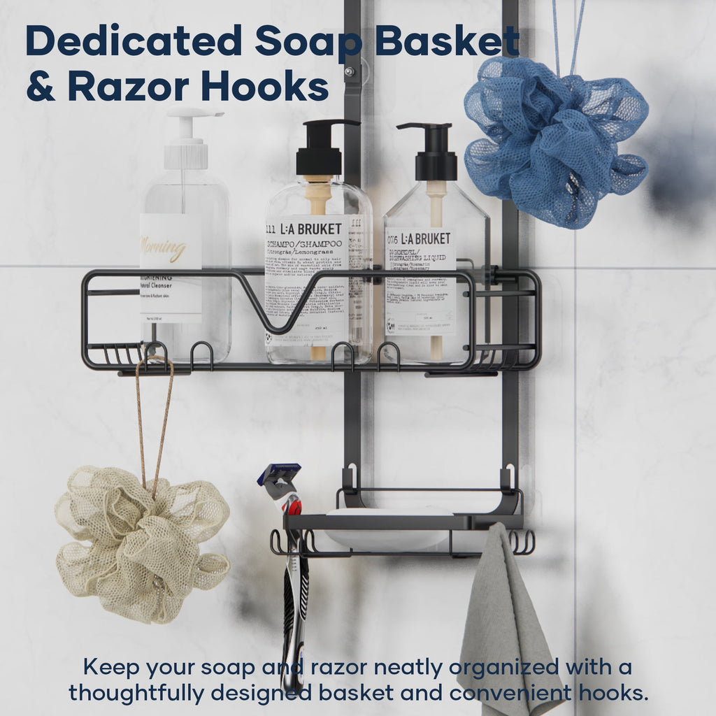 Topritt Shower Caddy Hanging Bathroom Organizer, Adjustable Shower Racks Over Shower Head, Rustproof, No-Drill Organizer, Large Storage Shelf for Shampoo Bottles with Soap Holder, Black
