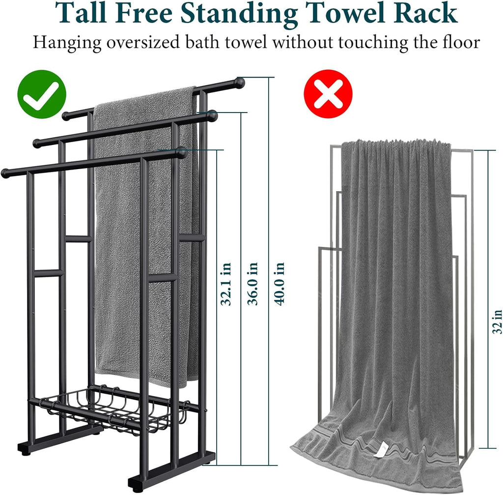 Kayfia 40" H Free Standing Towel Rack, 3 Tier Alloy Steel Towel Rack Stand with Basket