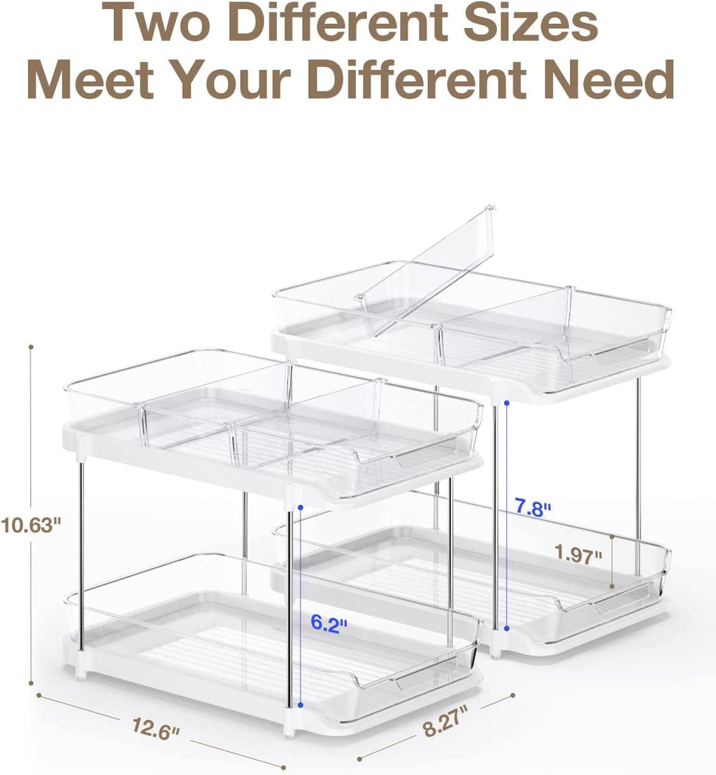 Delamu 2 Sets of 2-Tier Multi-Purpose Bathroom Under Sink Organizers and Storage, Stackable Kitchen Pantry Organization, Pull Out Medicine Cabinet Organizer with 8 Movable Dividers C29