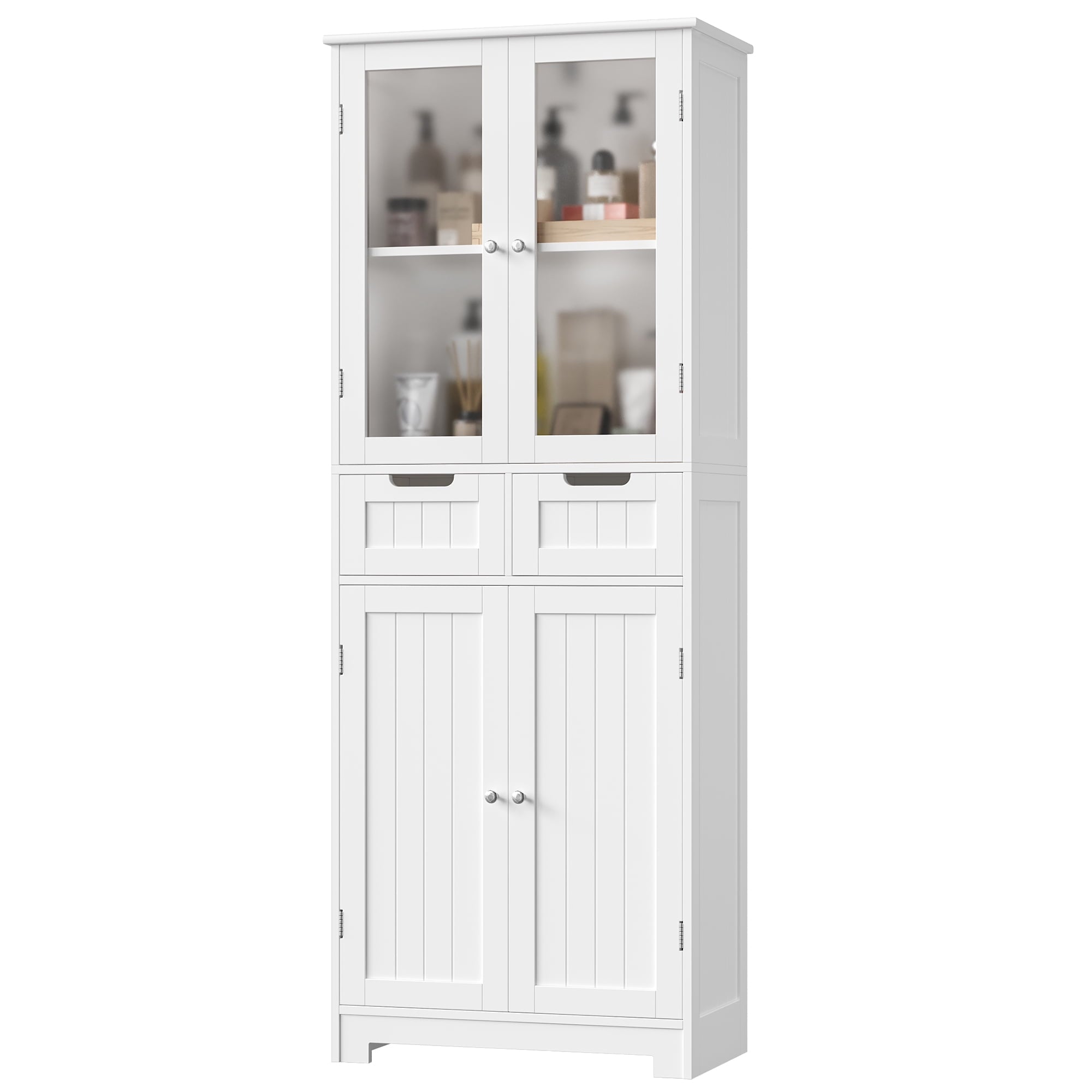 Homfa 4 Doors Bathroom Cabinet, 3-Tier Wood Tall Linen Storage Cabinet with 2 Drawers for Living Room Office, White