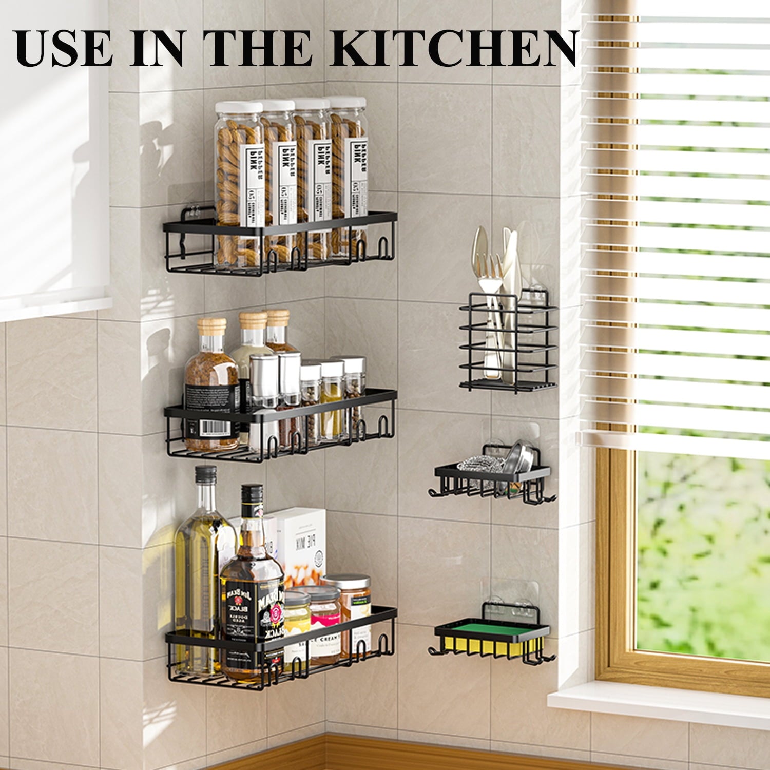 PHANCIR 6 PCS Shower Caddy, No Drilling Bathroom Organizer with Soap Holder, Adhesive Bathroom Caddy, Black