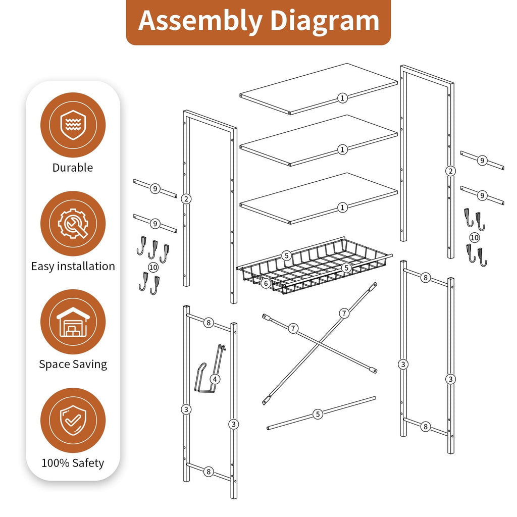 Capri Over The Toilet Storage Shelf, 4-Tier Freestanding Bathroom Organizers and Storage, above Toilet Space Saver Rack with Adjustable Shelves, Toilet Paper Holder and 9-Hooks, Rustic Brown