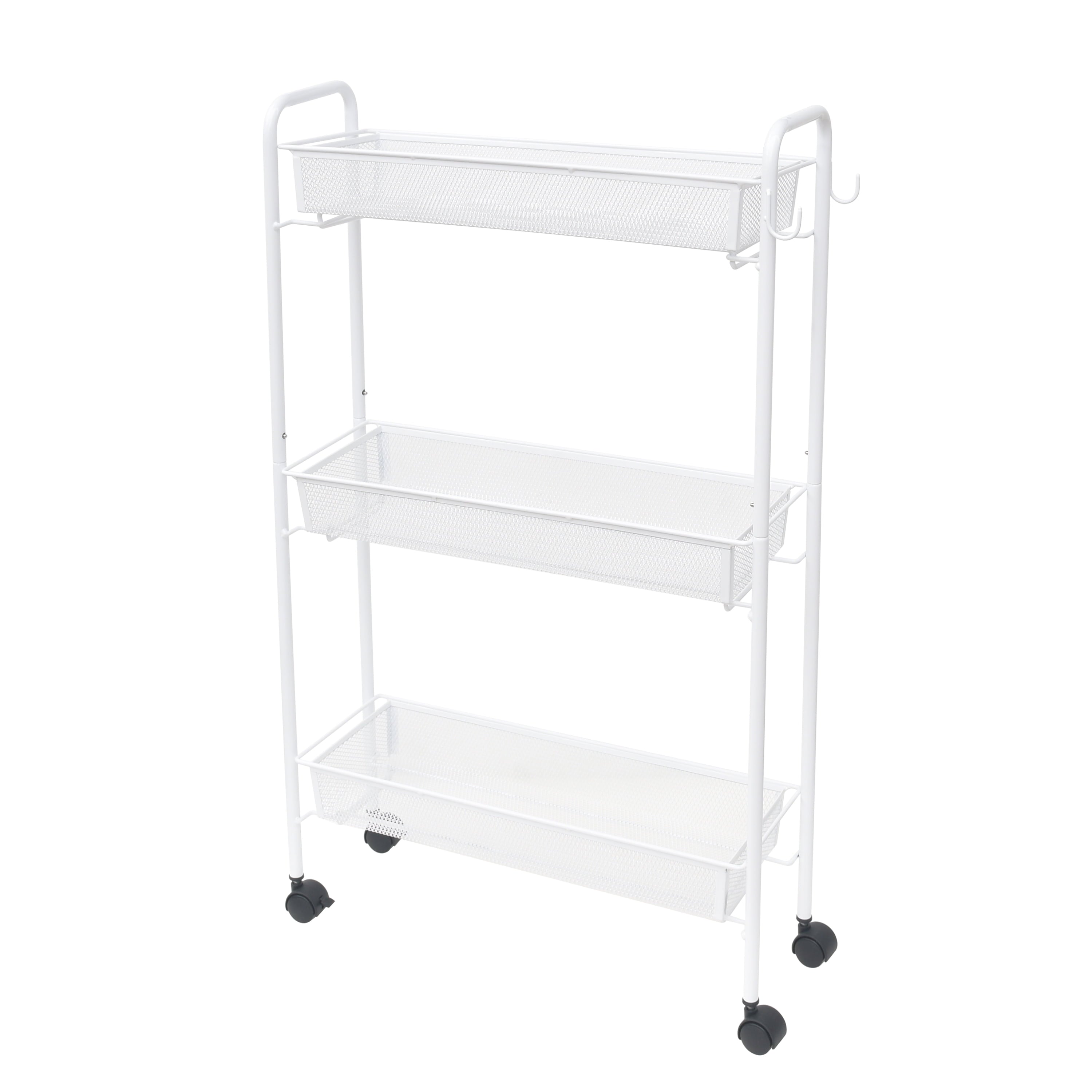 Mainstays 3-Tier Slim Rolling Bathroom Storage Cart with Hooks, White