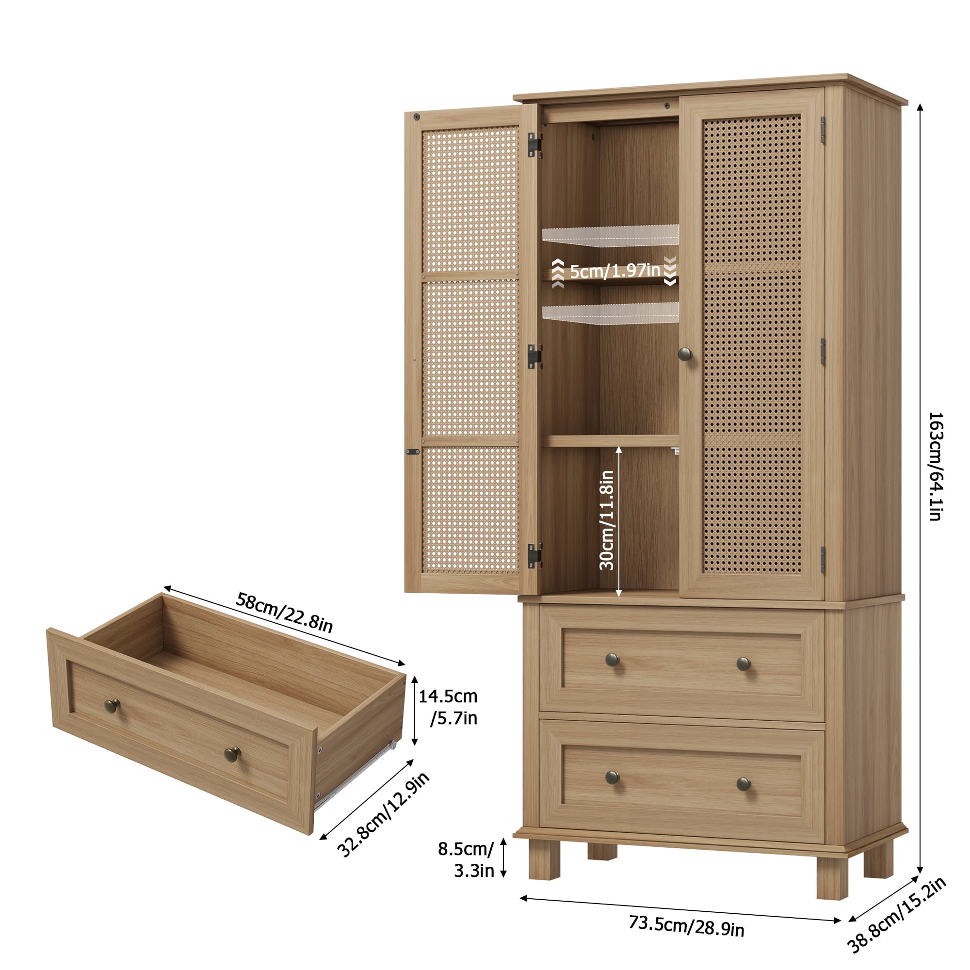Homfa Bathroom Cabinet with Rattan Doors, Rattan Linen Storage Cabinet with 2 Drawers, Oak