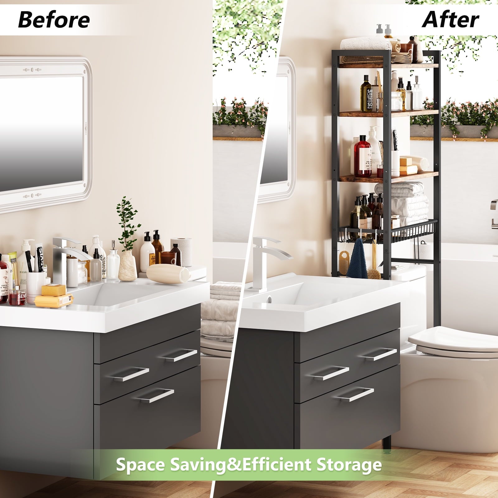 Biemlerfn Over The Toilet Storage Shelf, 4-Tier Wooden Bathroom Organizer Adjustable Saver Space Rack with Toilet Paper Holder, Vintage Brown