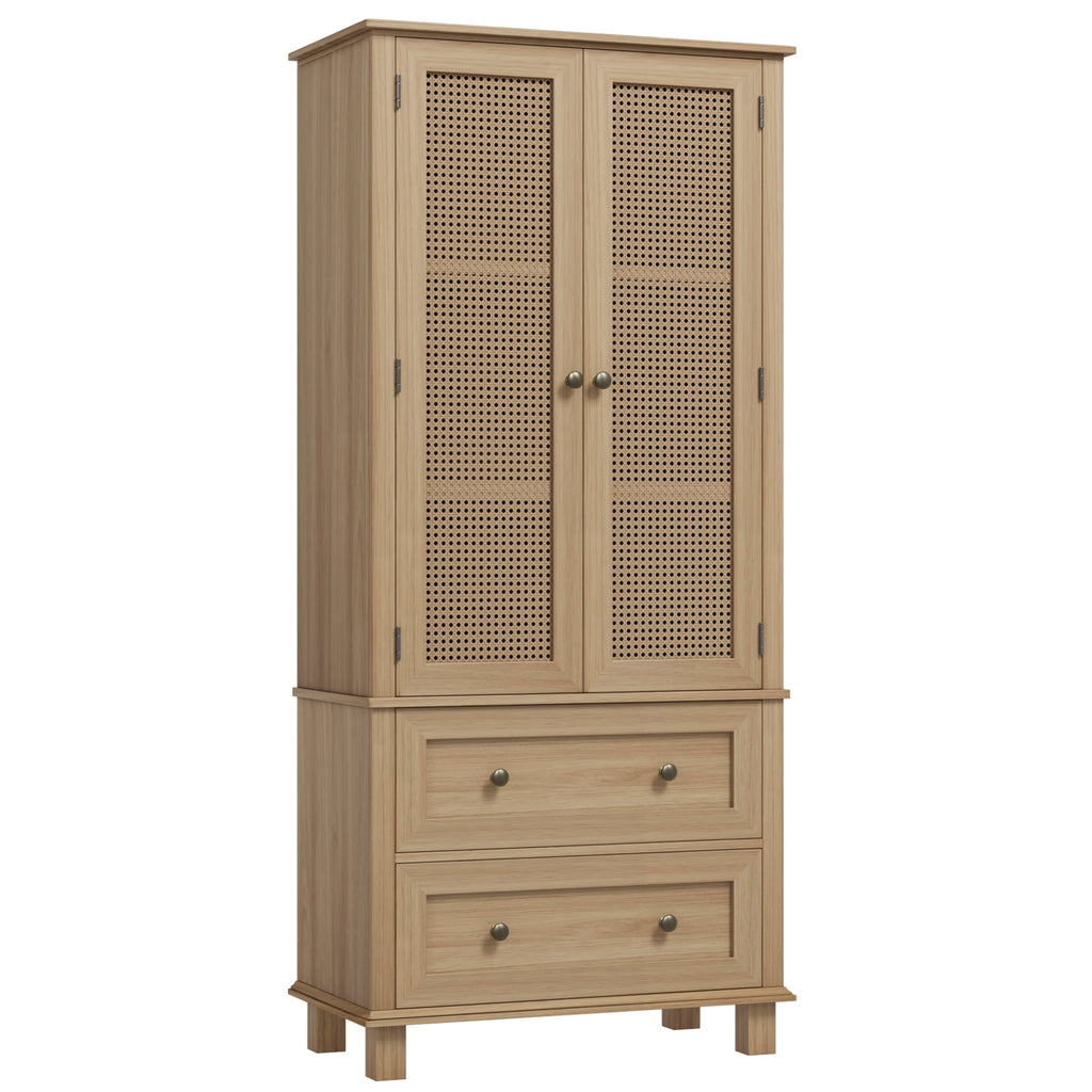 Homfa Bathroom Cabinet with Rattan Doors, Rattan Linen Storage Cabinet with 2 Drawers, Oak