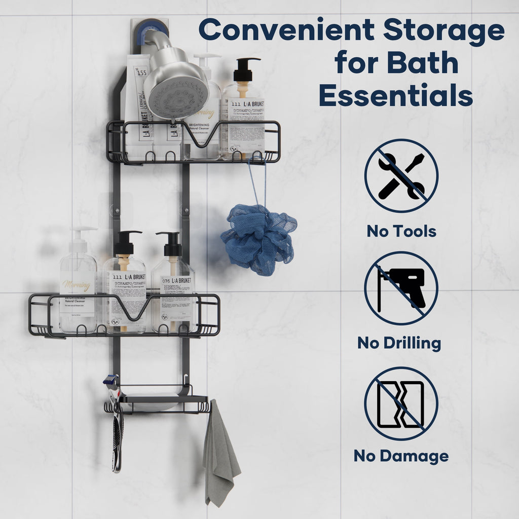 Topritt Shower Caddy Hanging Bathroom Organizer, Adjustable Shower Racks Over Shower Head, Rustproof, No-Drill Organizer, Large Storage Shelf for Shampoo Bottles with Soap Holder, Black