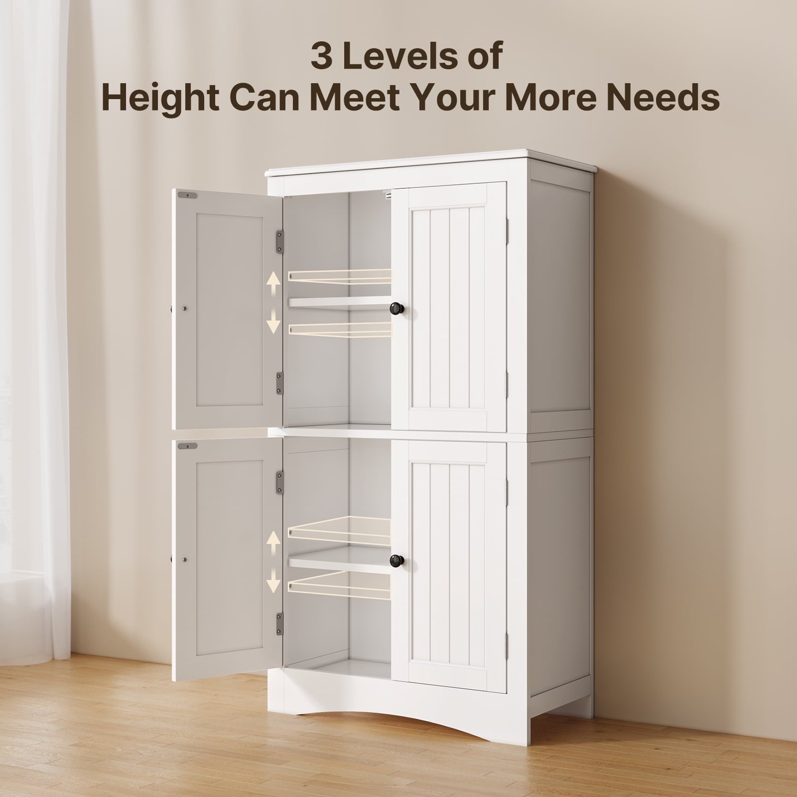 Asofer Bathroom Floor Storage Cabinet, Freestanding Cabinet with 4 Doors, Adjustable Shelves, White