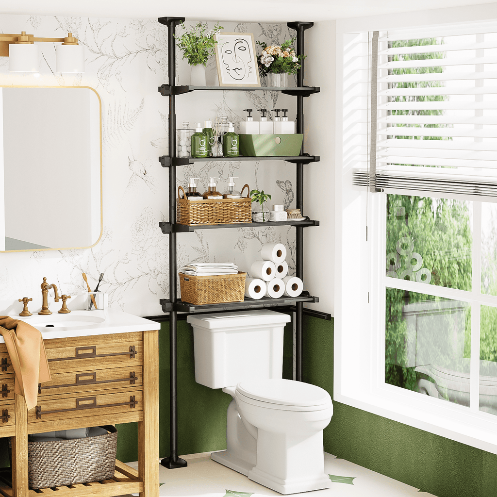Yeabett 4-Tier over the Toilet Storage Shelf,bathroom Organizer Adjustable Saver Space Rack,no Drill Tension Mounted Shelves,Bathroom Cabinet Rack Above Toilet for Small Rooms,Black