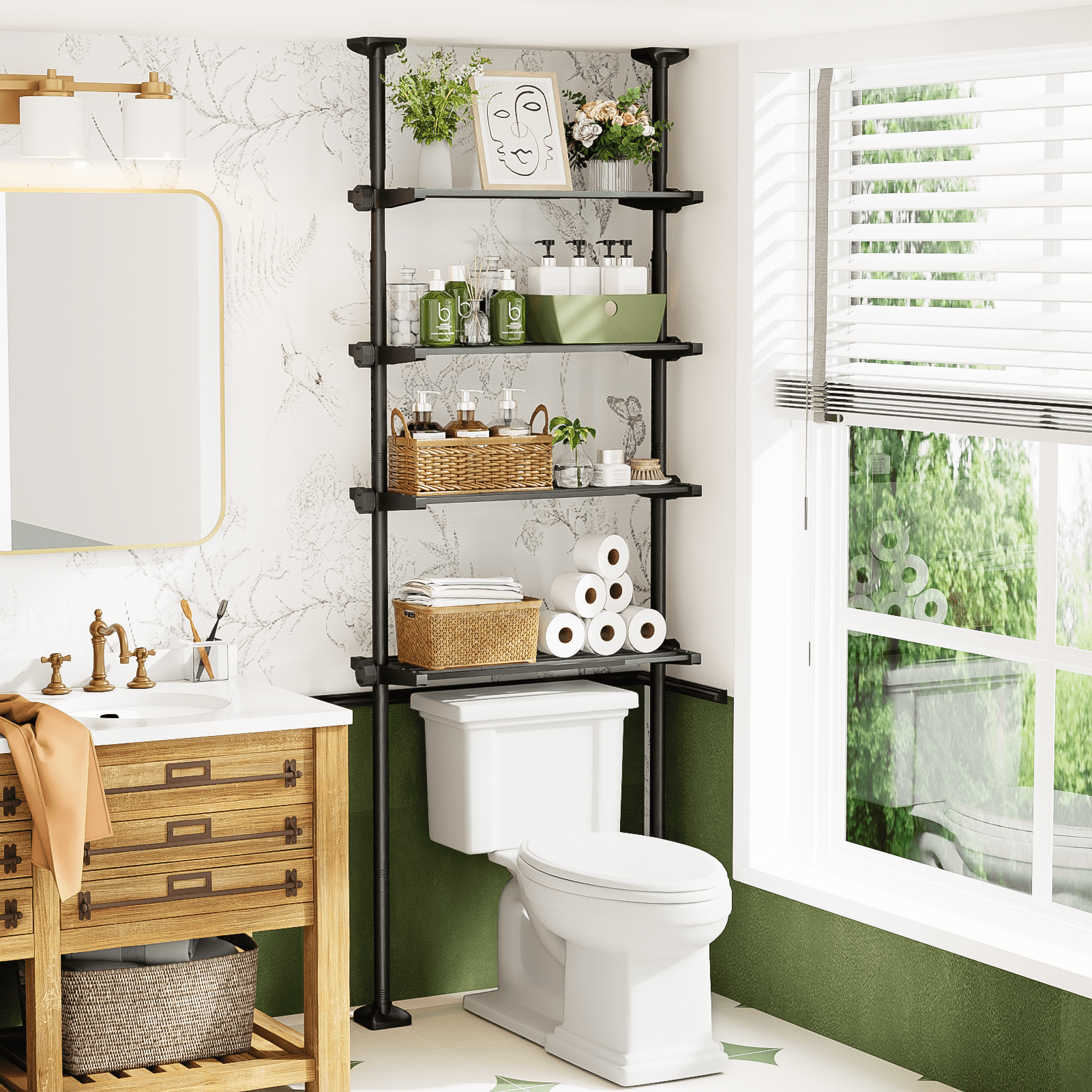 Yeabett 4-Tier over the Toilet Storage Shelf,bathroom Organizer Adjustable Saver Space Rack,no Drill Tension Mounted Shelves,Bathroom Cabinet Rack Above Toilet for Small Rooms,Black