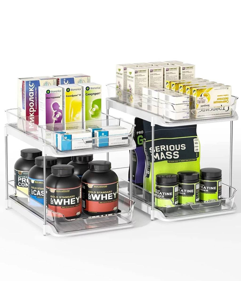 Delamu 2 Sets of 2-Tier Multi-Purpose Bathroom Under Sink Organizers and Storage, Stackable Kitchen Pantry Organization, Pull Out Medicine Cabinet Organizer with 8 Movable Dividers C29