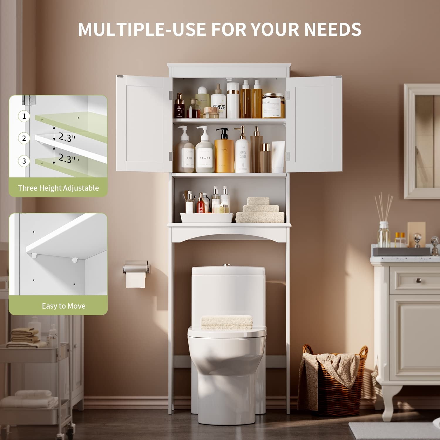 Over the Toilet Storage Cabinet - White Bathroom Shelf Organizer with Adjustable Shelf, Anti-Tip Device, Space-Saving Freestanding Design