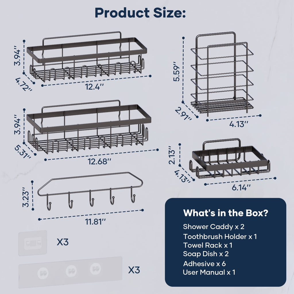 Topritt Shower Caddy 6 Pack, Adhesive Shower Organizer with Soap Holder, Large Capacity, No-Drill Wall Mounted Bathroom Organizer Basket for Bathroom & Kitchen Storage, Black