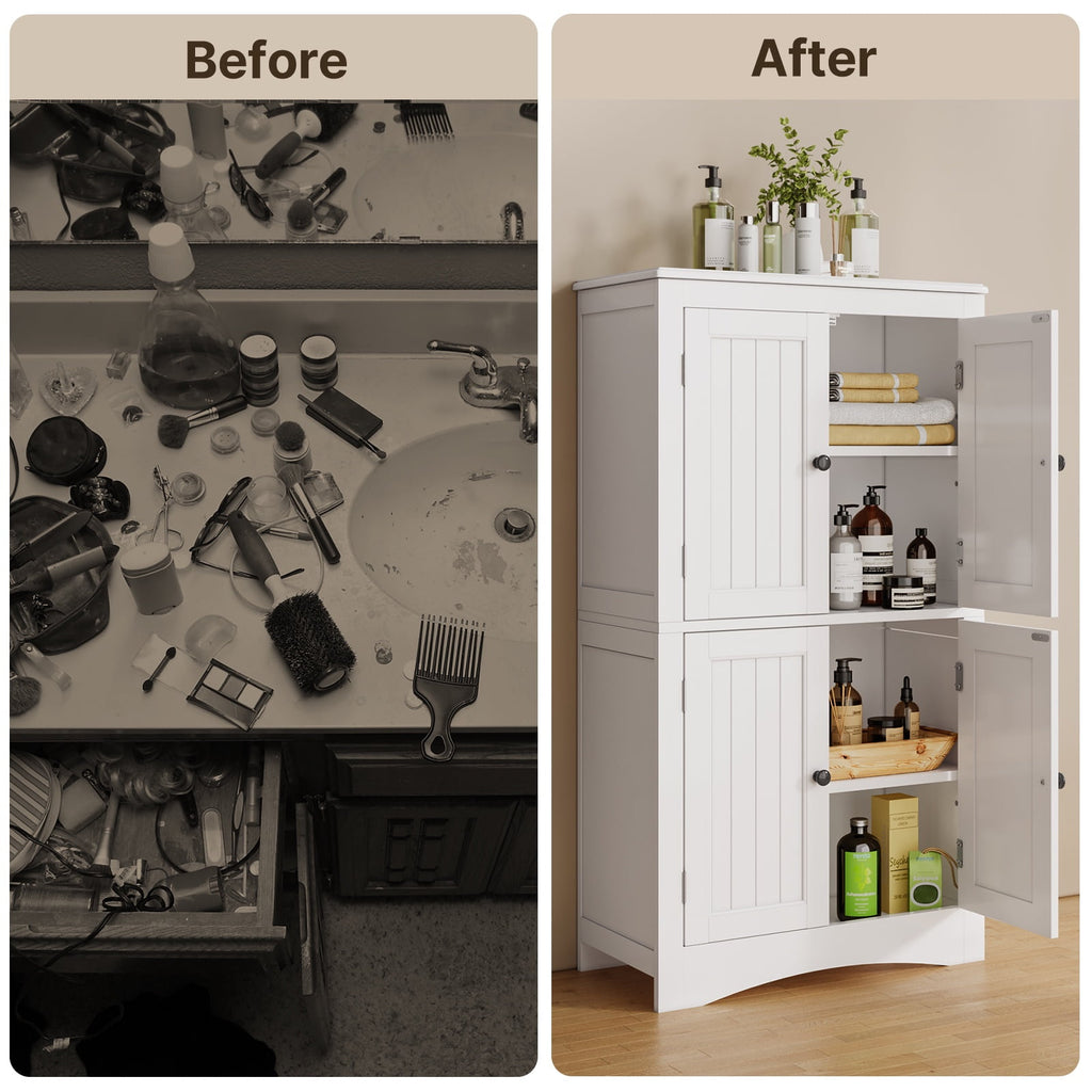 Asofer Bathroom Floor Storage Cabinet, Freestanding Cabinet with 4 Doors, Adjustable Shelves, White