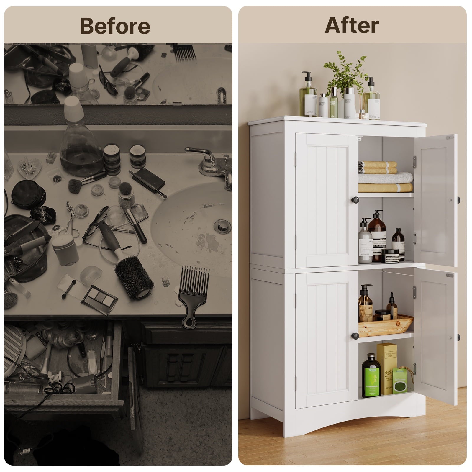 Asofer Bathroom Floor Storage Cabinet, Freestanding Cabinet with 4 Doors, Adjustable Shelves, White