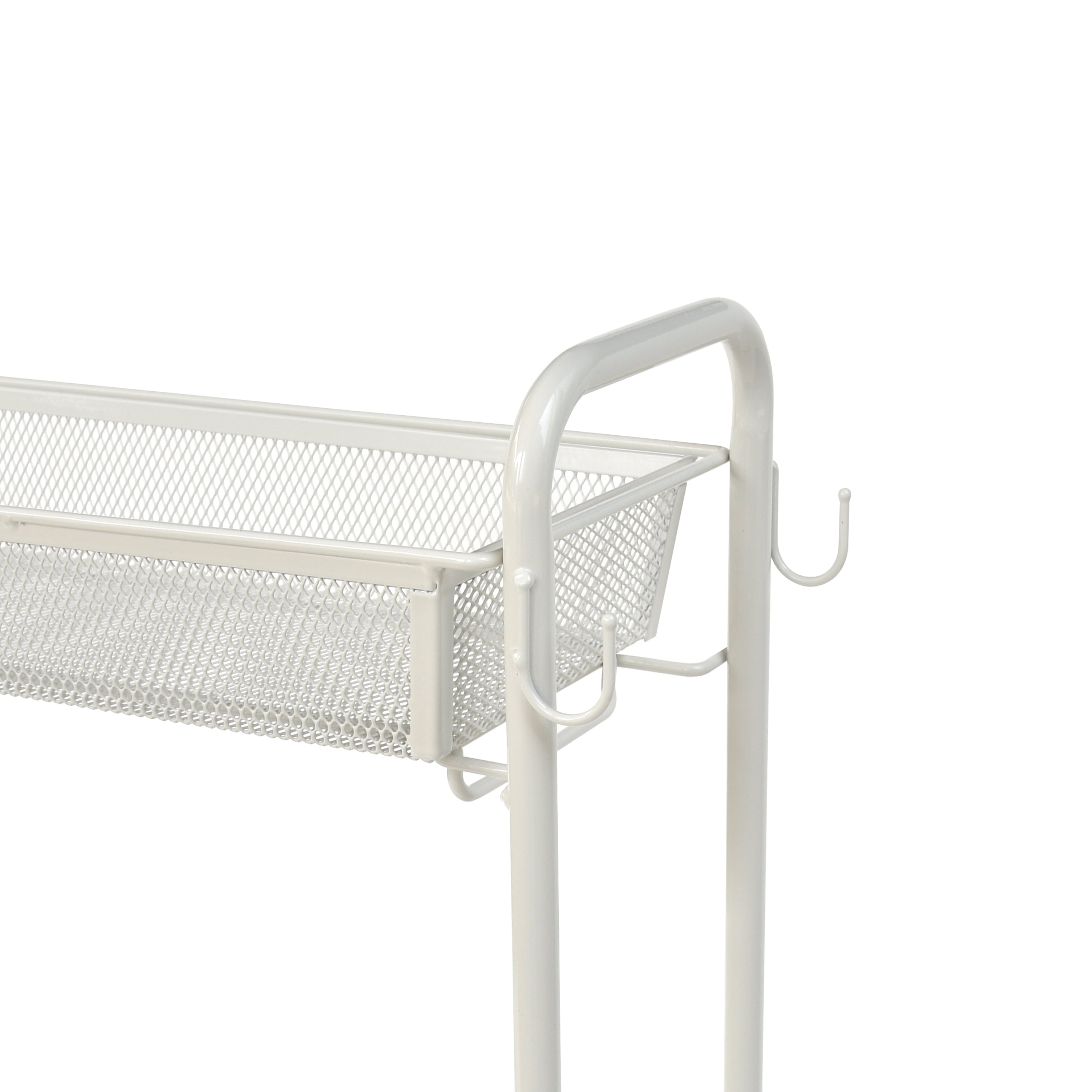 Mainstays 3-Tier Slim Rolling Bathroom Storage Cart with Hooks, White