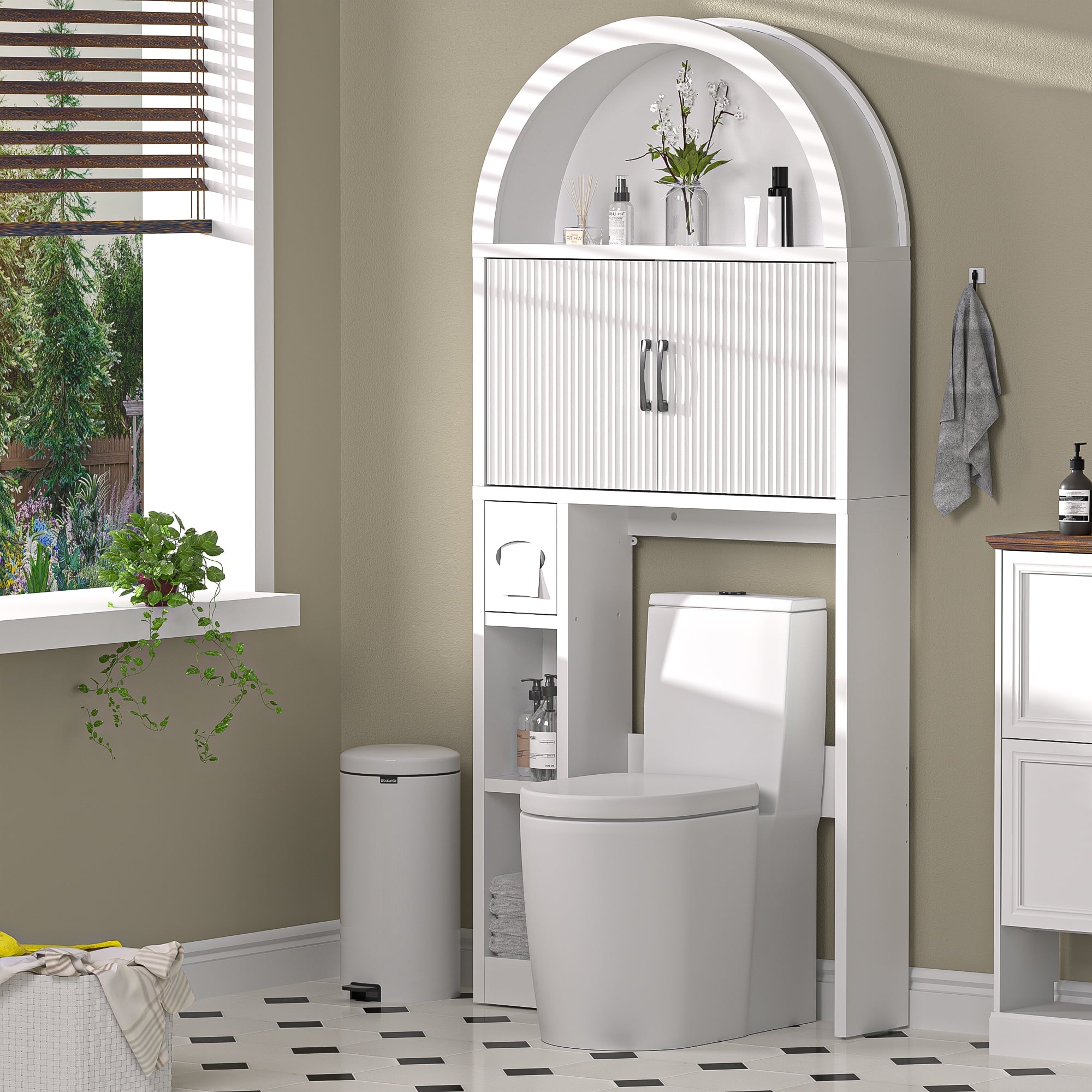 HARIPUL Over The Toilet Storage Cabinet w/ Unique Wood Grain & Arc Design, Freestanding Bathroom Shelf Organizer Space Saver w/ Doors & Anti-Tip Device, Wood Color