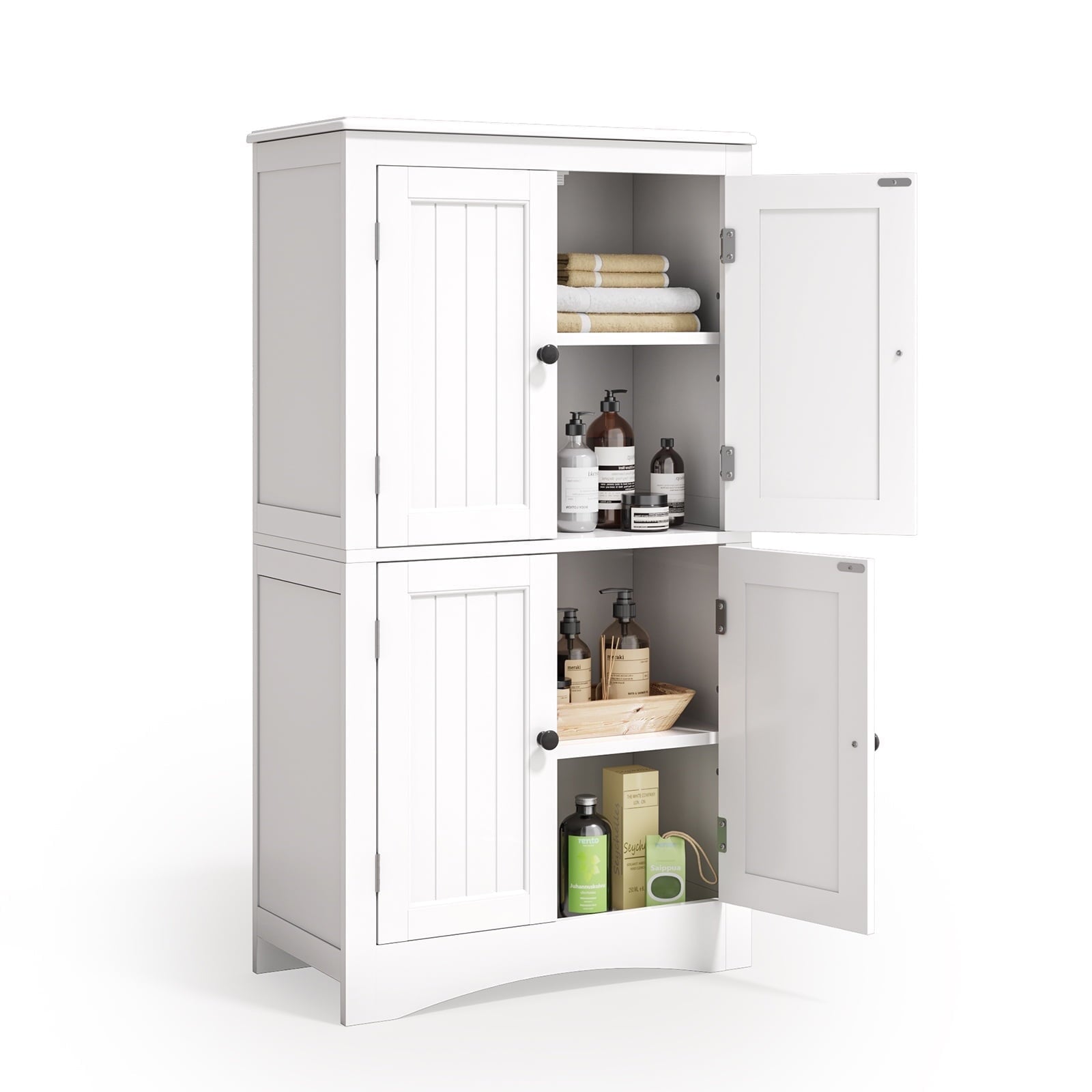 Asofer Bathroom Floor Storage Cabinet, Freestanding Cabinet with 4 Doors, Adjustable Shelves, White