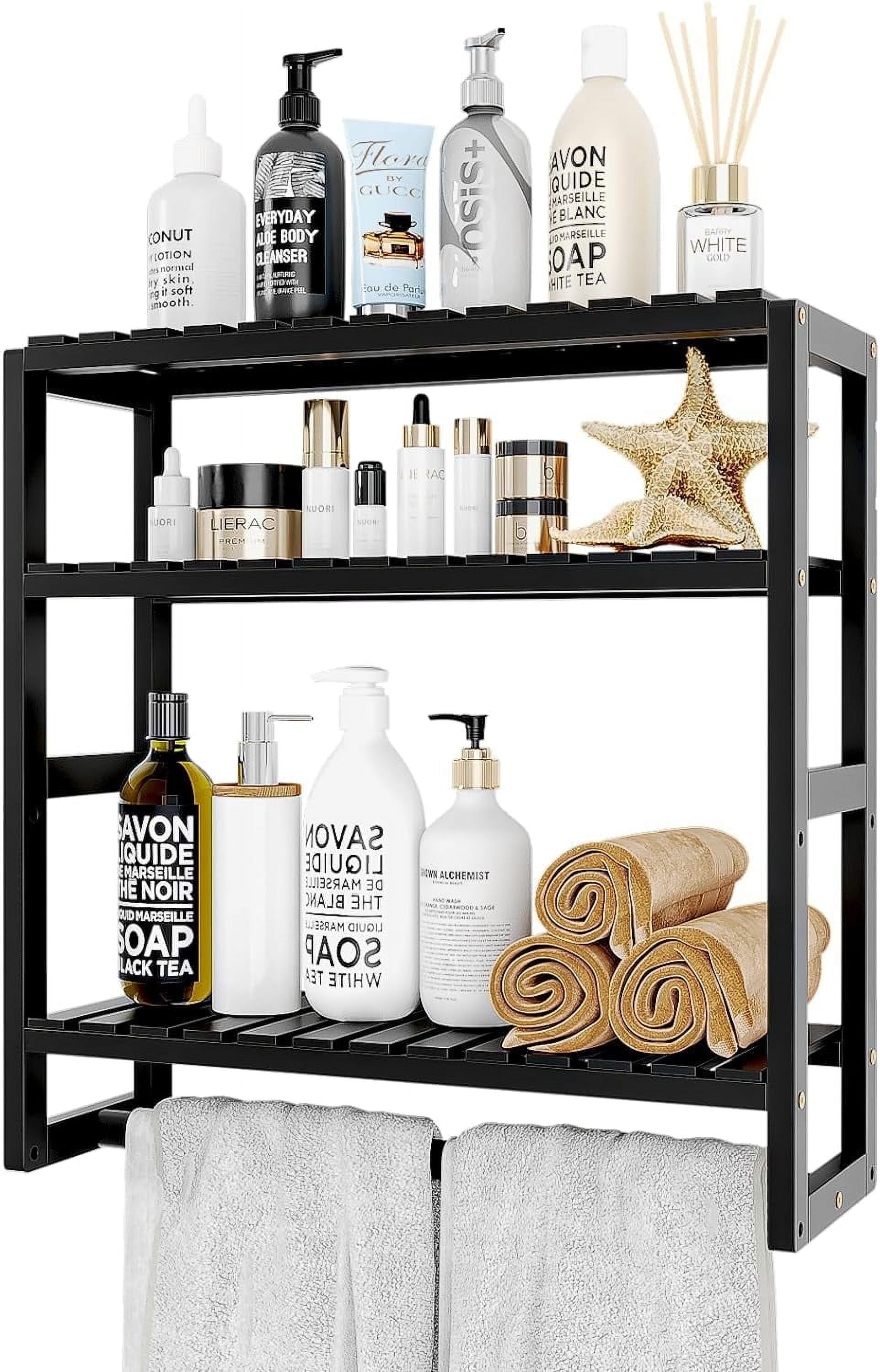 Bamworld Bamboo Bathroom Shelves Organizer Towel Rack for Storage Black Adjustable 3 Tiers Floating Shelf over the Toilet Storage with Hanging Rod