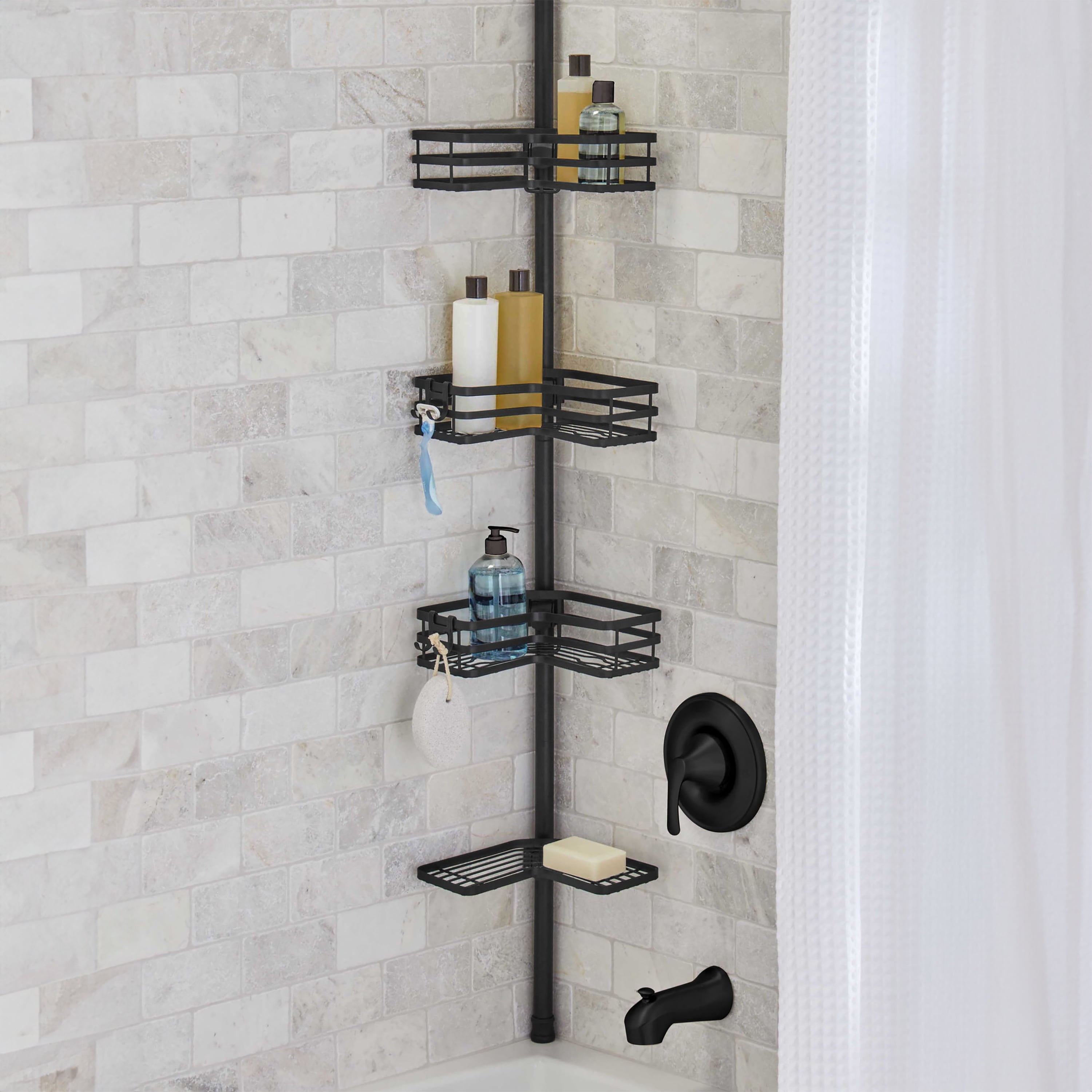 Better Homes & Gardens Matte Black Rust-Resistant Tension Pole Shower Caddy with 3 Adjustable Baskets