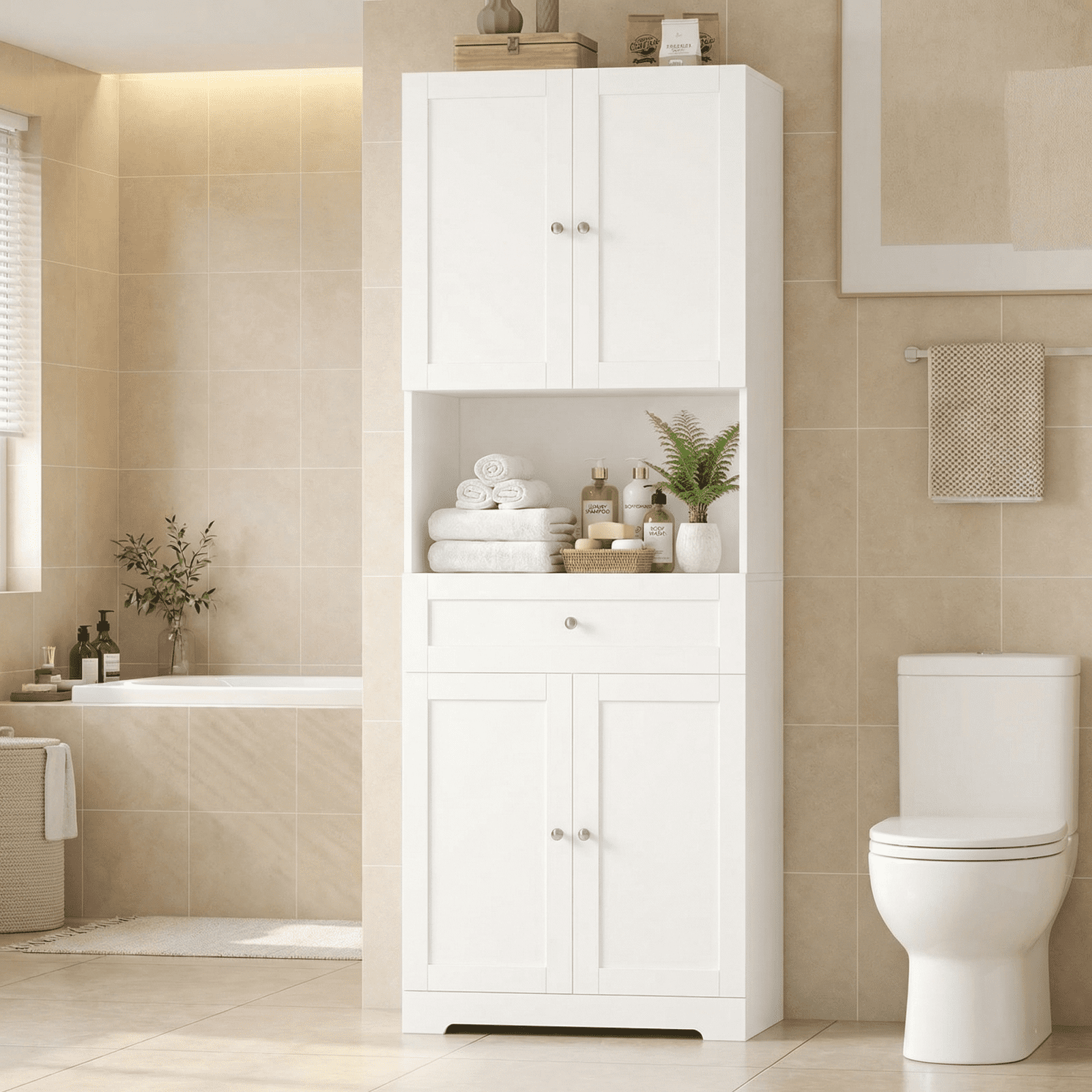 Homfa 67.5" Tall Bathroom Storage Cabinet with Drawer, 4 Door Modern Freestanding Cupboard, White