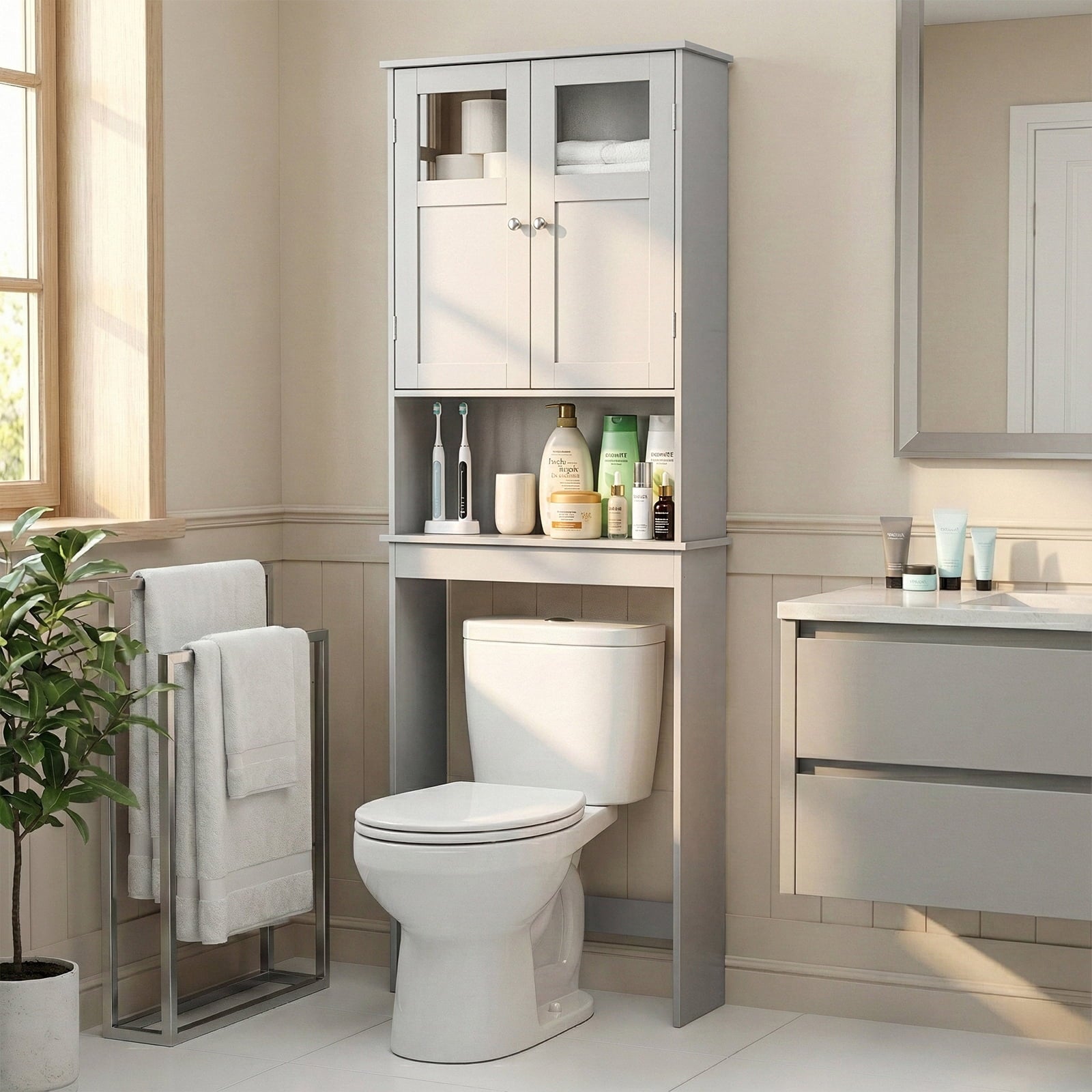 Ktaxon Over the Toilet Bathroom Storage Cabinet with 2 Doors & 3 Storage Shelves Space Saver, White