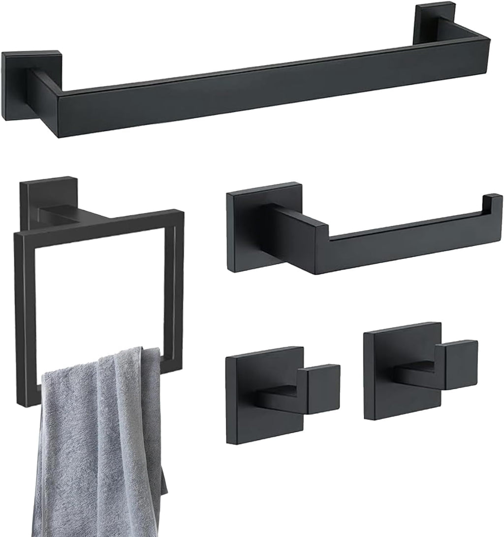 stusgo Matte Black 5-Piece Square Bathroom Hardware Set,40cm Towel Bar,Toilet Paper Holder,Towel Ring,and 2 Towel Hooks,SUS 304 Stainless Steel Bathroom Accessories,Wall Mounted Towel Rack Kit（Black）