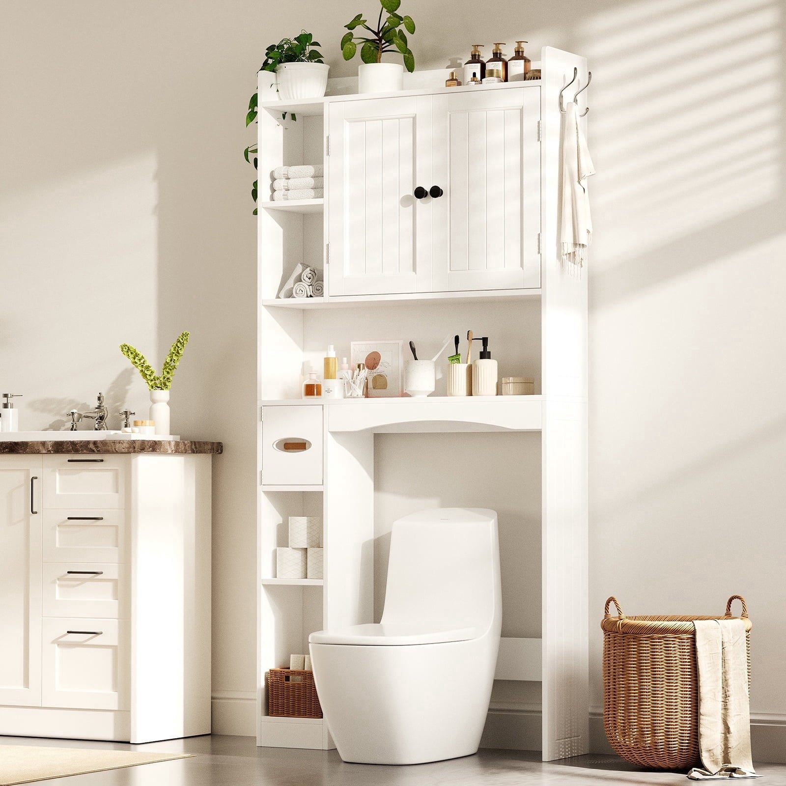 Over the Toilet Storage Cabinet, Asofer Bathroom Space Saver Organizer above Toilet with Adjustable Shelf & 2 Doors, White