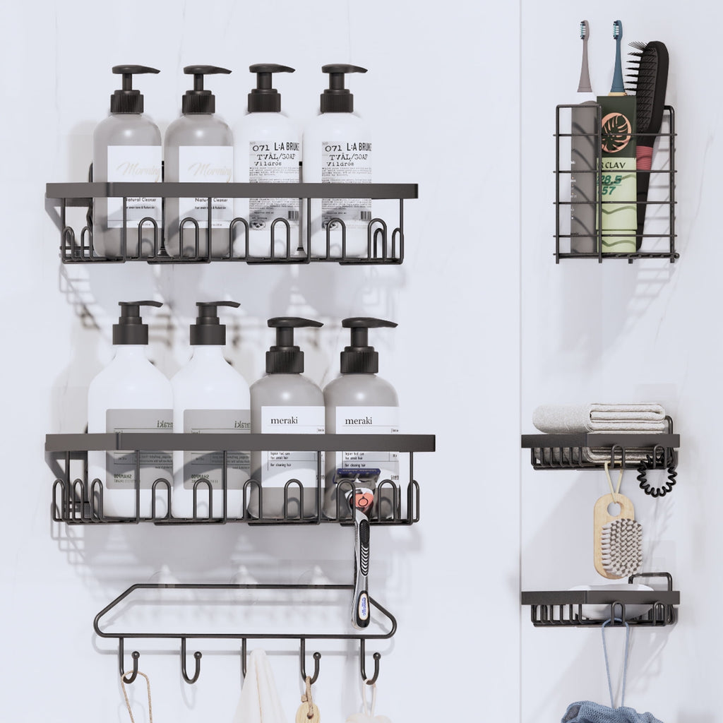 Topritt Shower Caddy 6 Pack, Adhesive Shower Organizer with Soap Holder, Large Capacity, No-Drill Wall Mounted Bathroom Organizer Basket for Bathroom & Kitchen Storage, Black