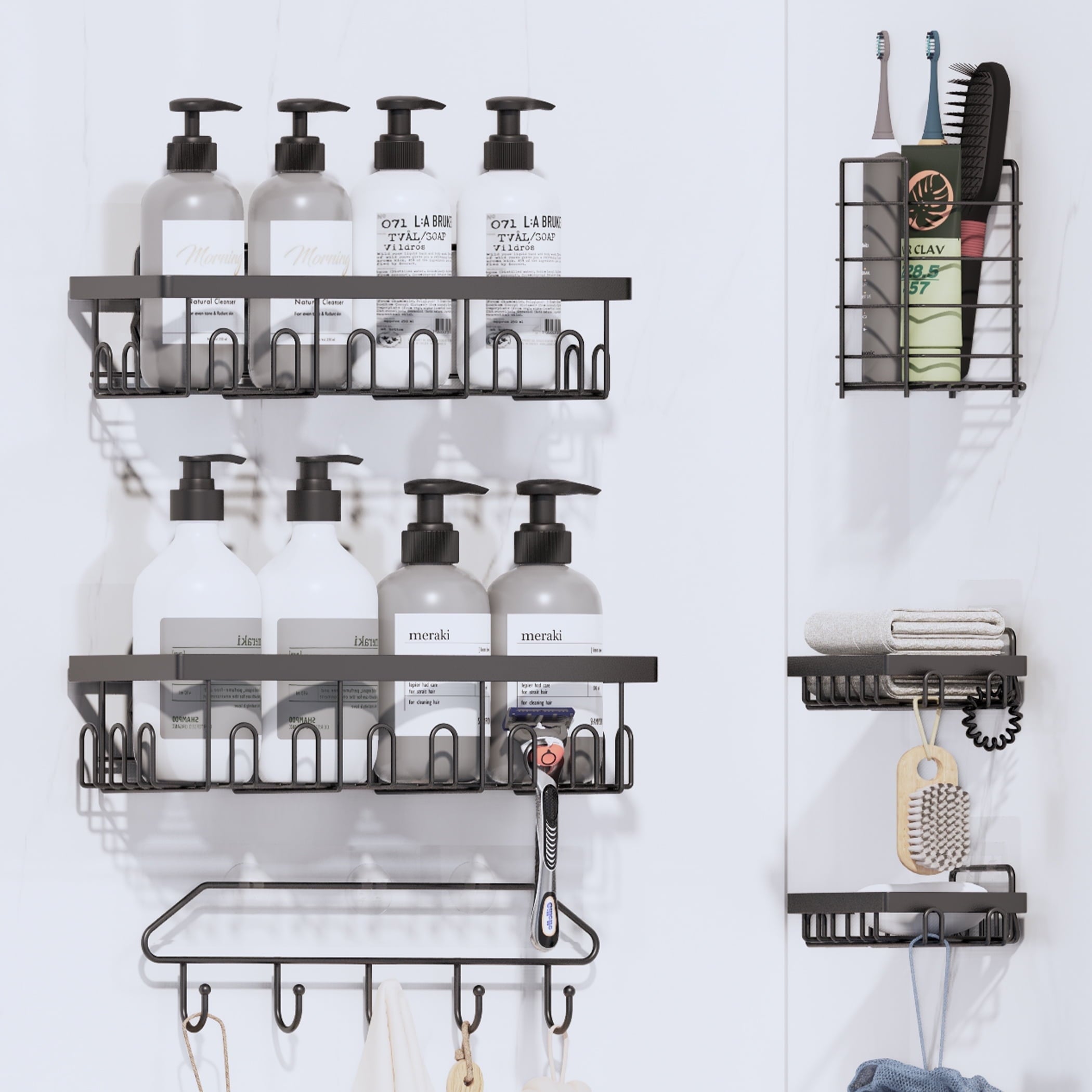 Topritt Shower Caddy 6 Pack, Adhesive Shower Organizer with Soap Holder, Large Capacity, No-Drill Wall Mounted Bathroom Organizer Basket for Bathroom & Kitchen Storage, Black