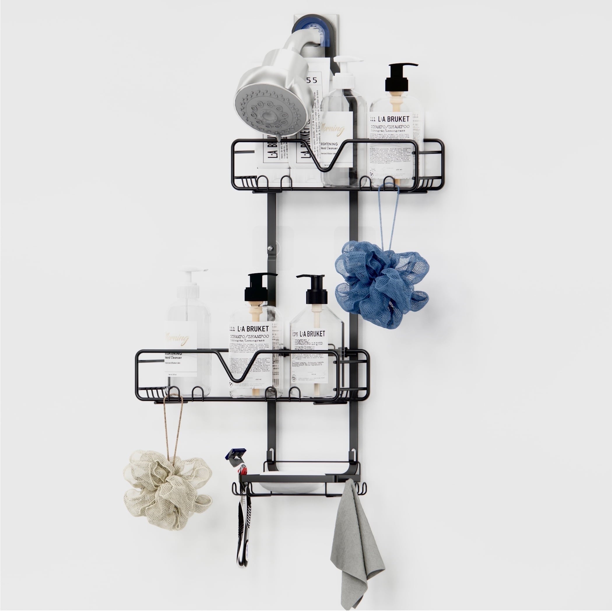 Topritt Shower Caddy Hanging Bathroom Organizer, Adjustable Shower Racks Over Shower Head, Rustproof, No-Drill Organizer, Large Storage Shelf for Shampoo Bottles with Soap Holder, Black