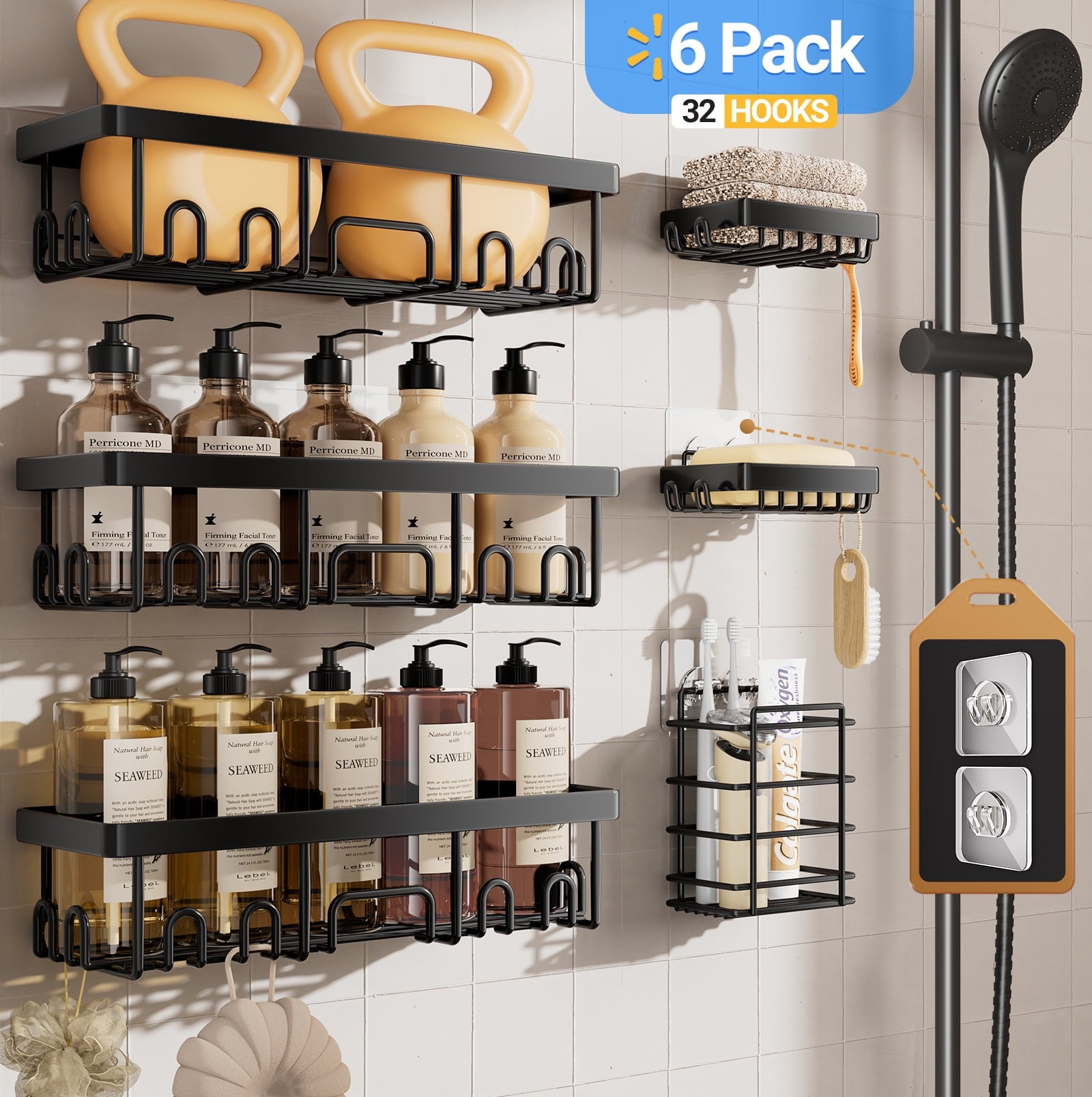 Veken Rustproof & Waterproof Shower Caddy 6-Pack, No Drilling Adhesive Wall Mounted Shower Shelves Rack, Heavy Weight Bearing, Large Organizer Storage Accessories, Ideal for Bathroom, Home & Kitchen