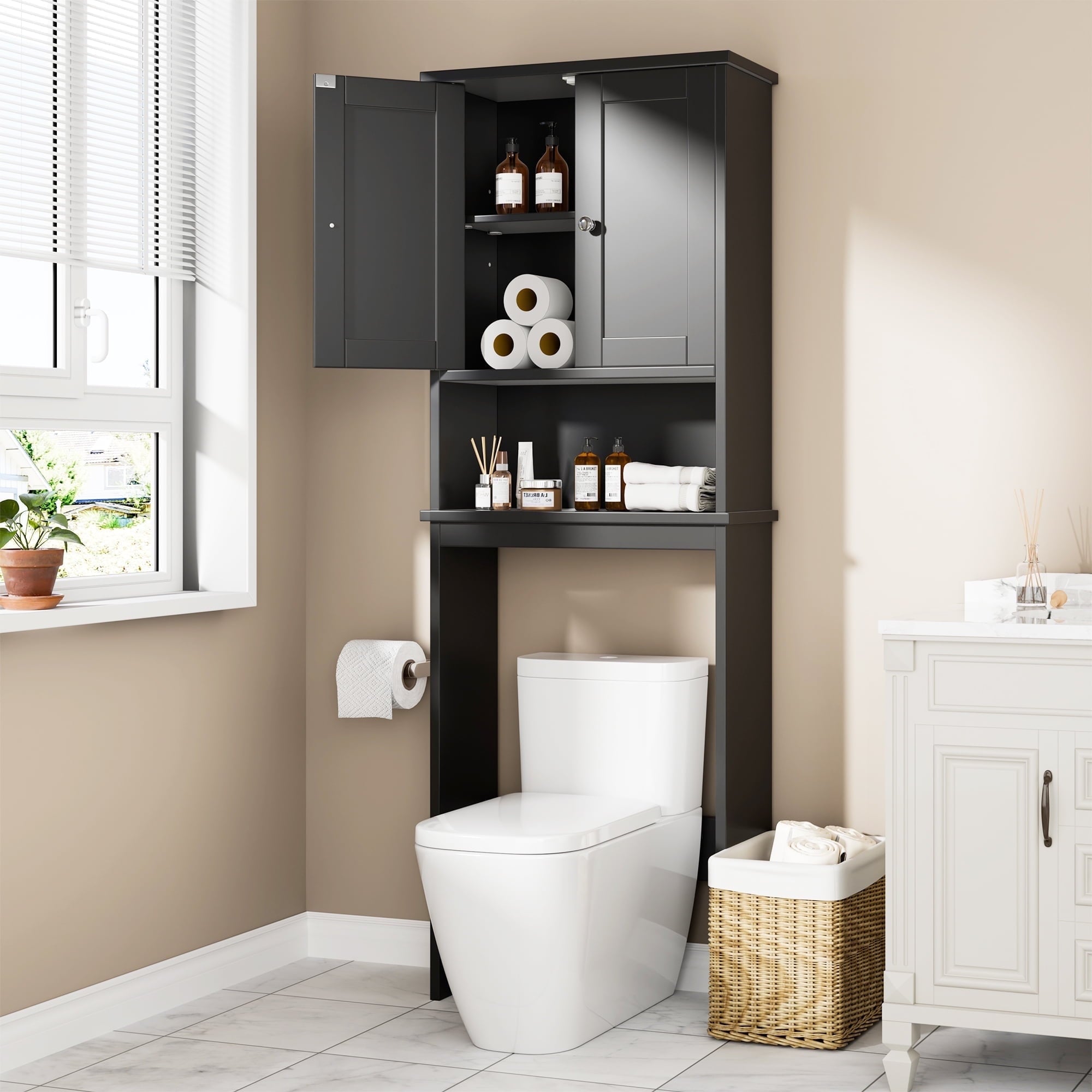 Walsunny Over The Toilet Storage Cabinet Bathroom Shelves Organizer Space Saver Freestanding Restroom Shelf with Doors Anti-Tip Device Adjustable Shelf White