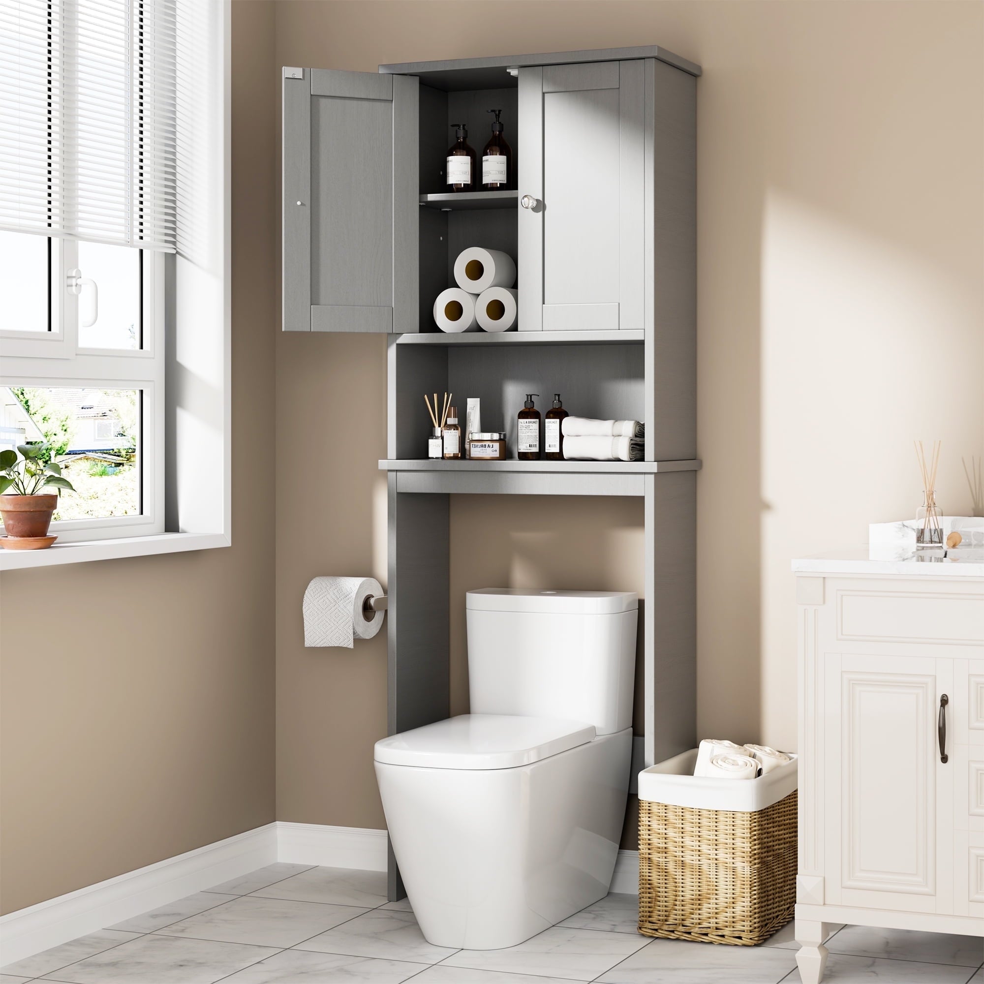 Walsunny Over The Toilet Storage Cabinet Bathroom Shelves Organizer Space Saver Freestanding Restroom Shelf with Doors Anti-Tip Device Adjustable Shelf White