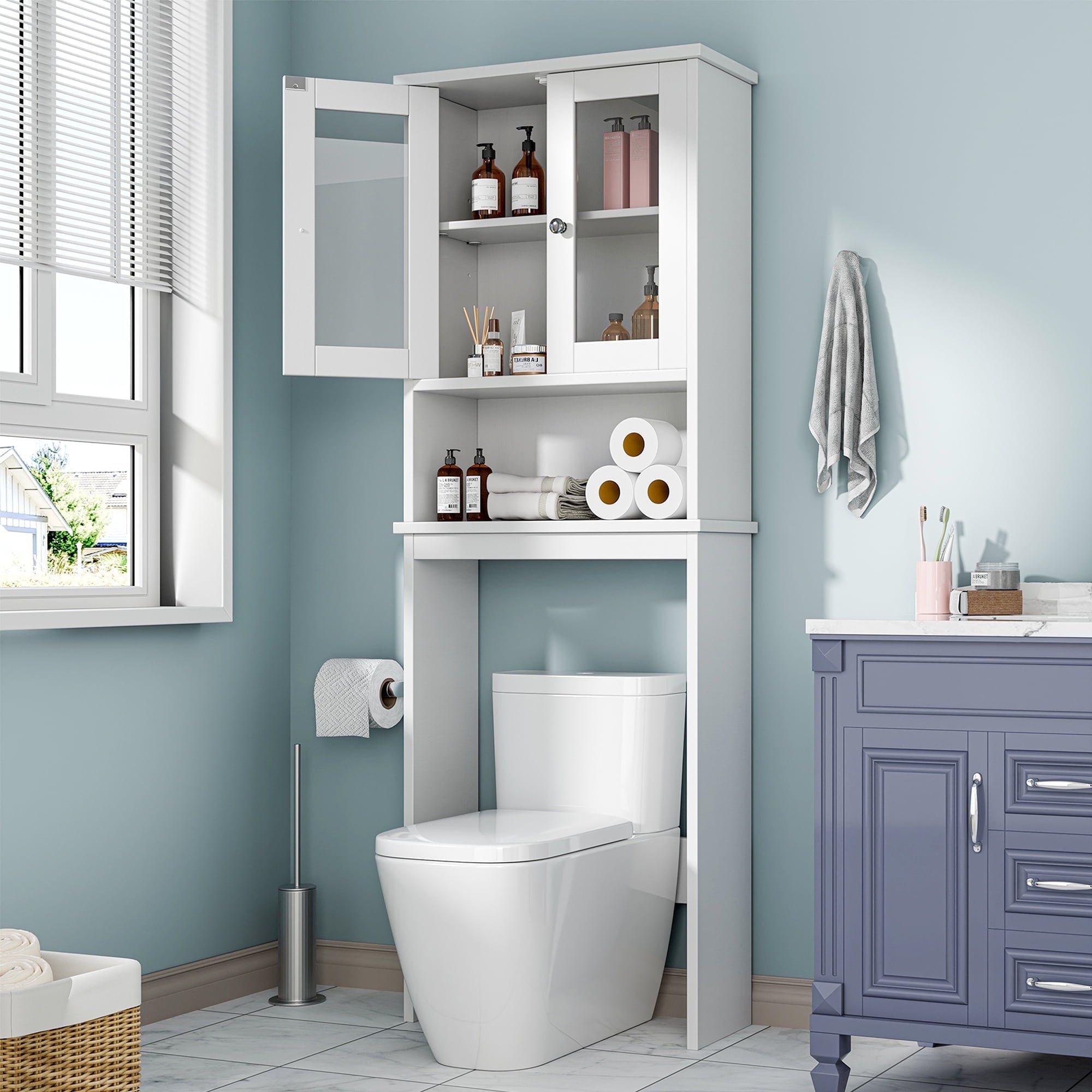 Walsunny Over The Toilet Storage Cabinet Bathroom Shelves Organizer Space Saver Freestanding Restroom Shelf with Doors Anti-Tip Device Adjustable Shelf White