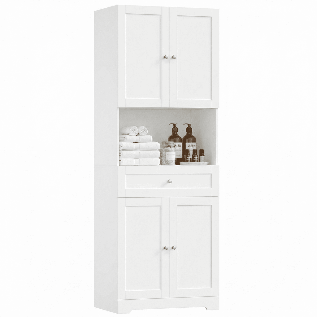 Homfa 67.5" Tall Bathroom Storage Cabinet with Drawer, 4 Door Modern Freestanding Cupboard, White