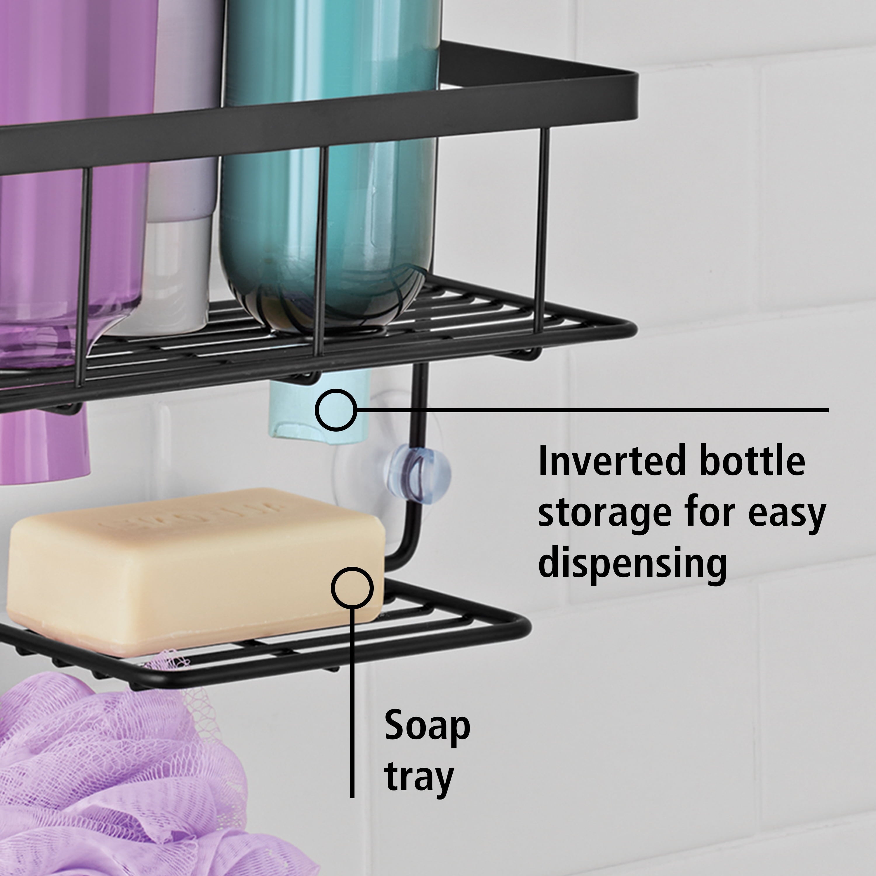 Mainstays Premium Matte Black Hanging Shower Caddy with 2 Shelves and Soap Tray