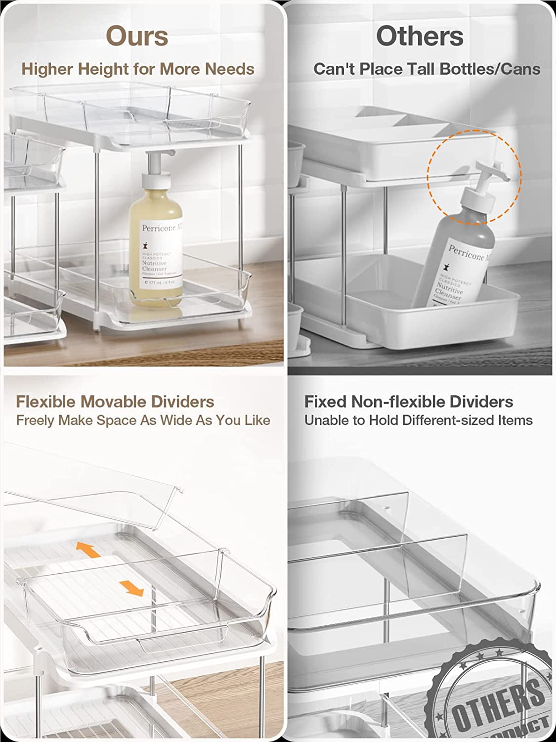 Delamu 2 Sets of 2-Tier Multi-Purpose Bathroom Under Sink Organizers and Storage, Stackable Kitchen Pantry Organization, Pull Out Medicine Cabinet Organizer with 8 Movable Dividers C29