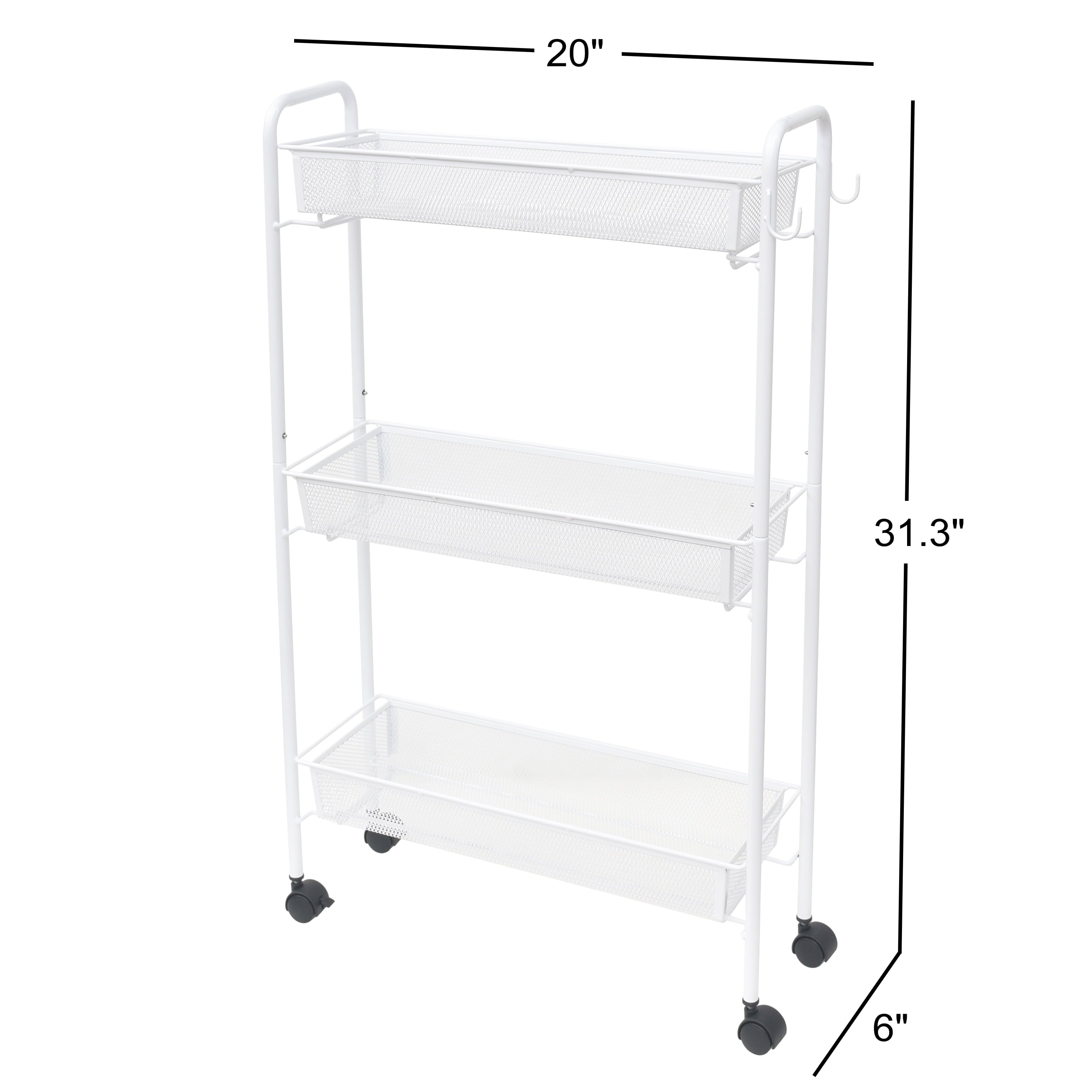 Mainstays 3-Tier Slim Rolling Bathroom Storage Cart with Hooks, White