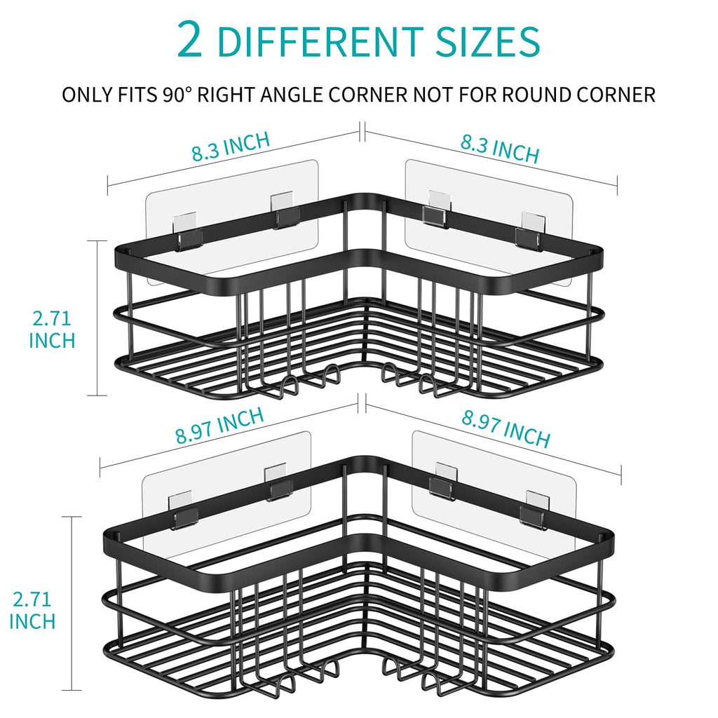 stusgo 2-Shelf Shower Caddy Corner, No Drill Rustproof Stainless Steel Bathroom Shower Organizer Wall Mounted with 8 Hooks,Black