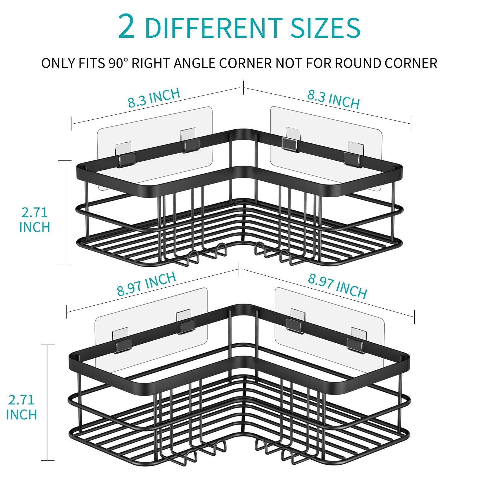 stusgo 2-Shelf Shower Caddy Corner, No Drill Rustproof Stainless Steel Bathroom Shower Organizer Wall Mounted with 8 Hooks,Black