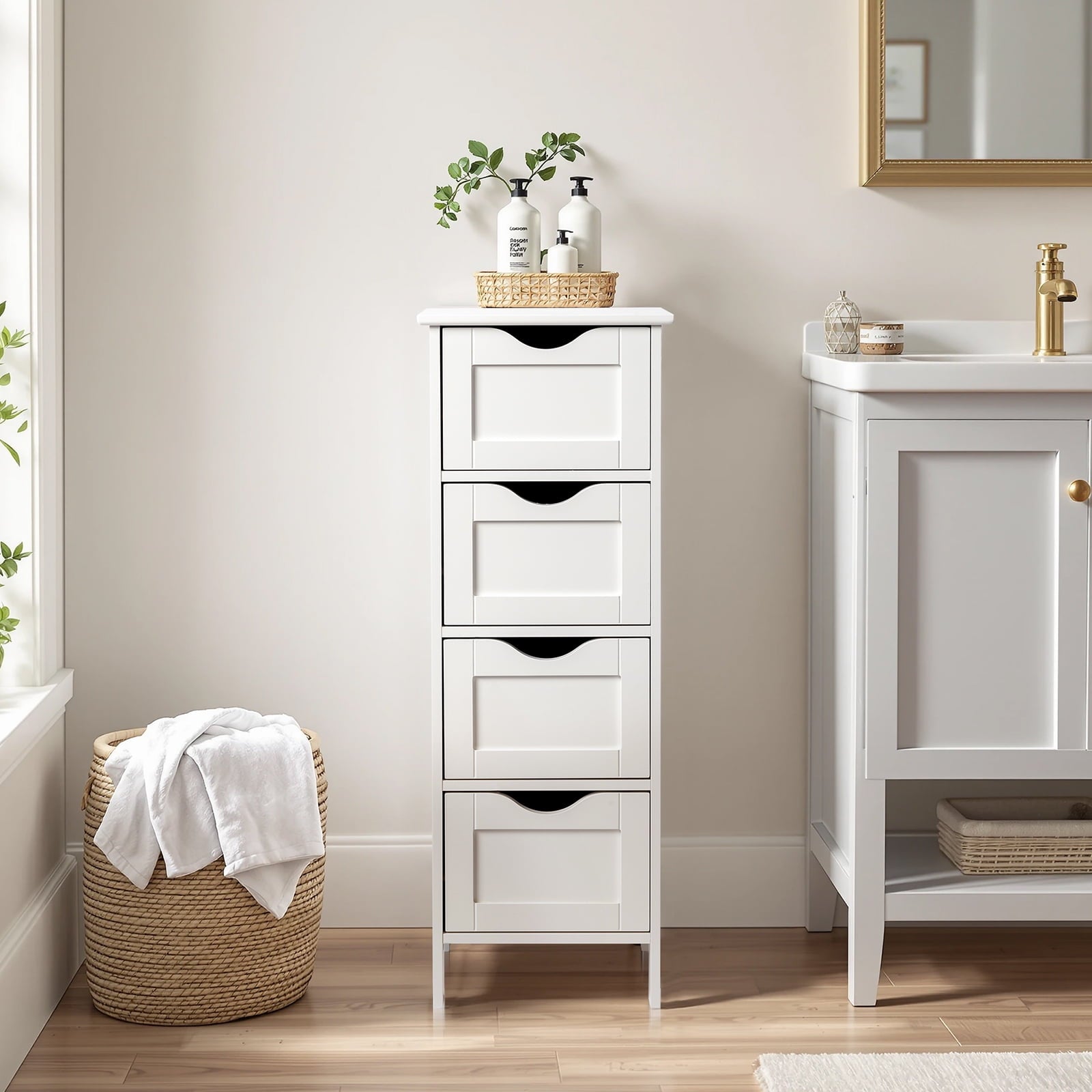 Ktaxon Bathroom Floor Storage Cabinet with 4 Drawers, Small Cabinet for Bedroom Kitchen, MDF White